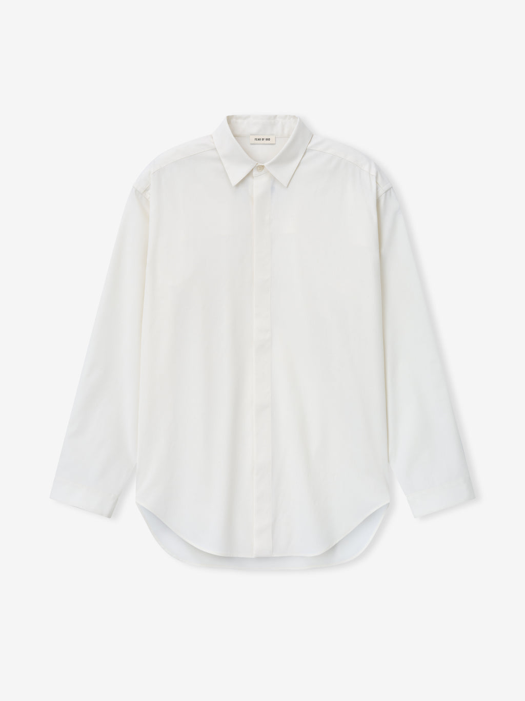 front view of white cotton wool oxford classic shirt with covered button placket and small cuffs