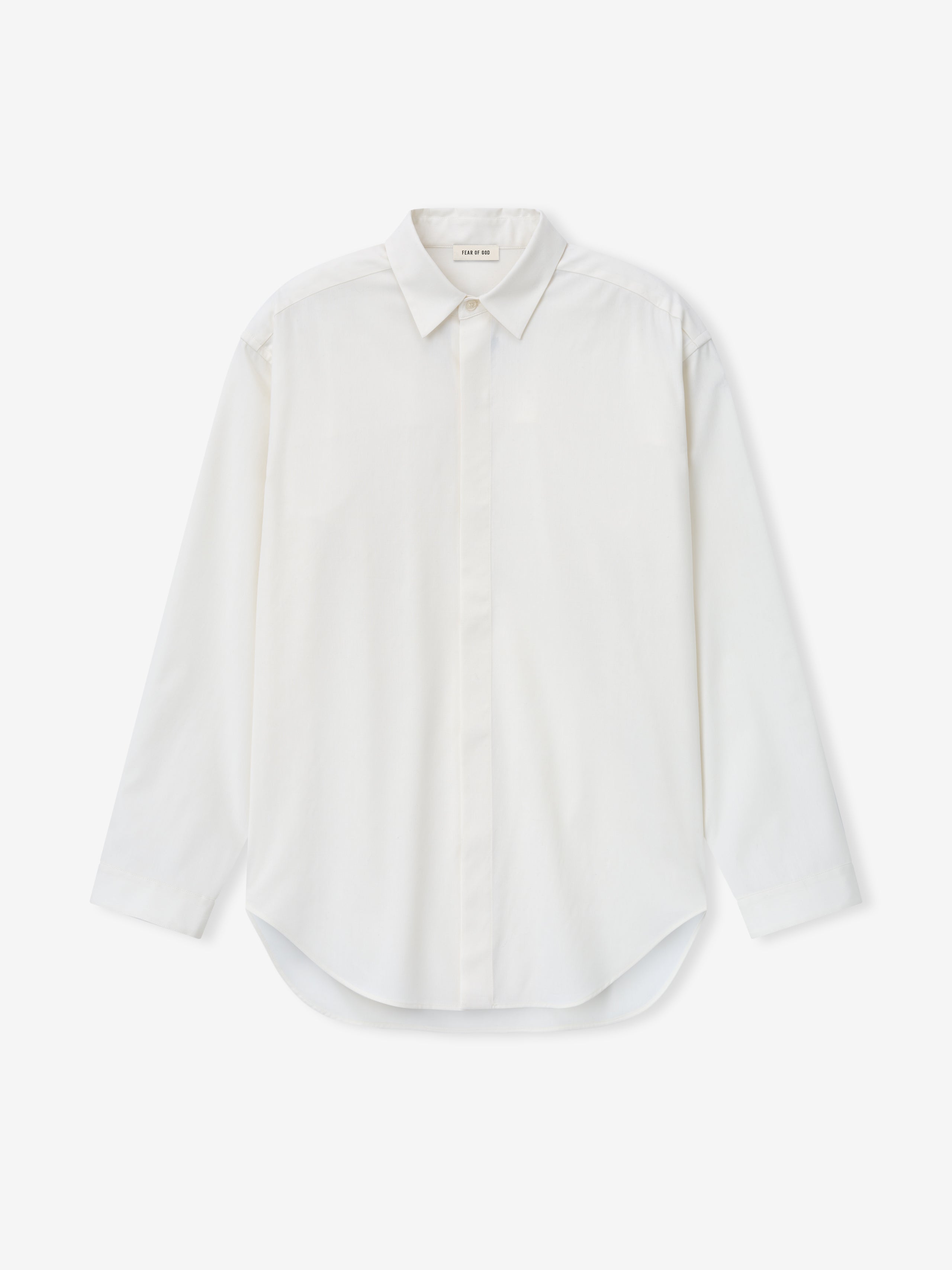 front view of white cotton wool oxford classic shirt with covered button placket and small cuffs