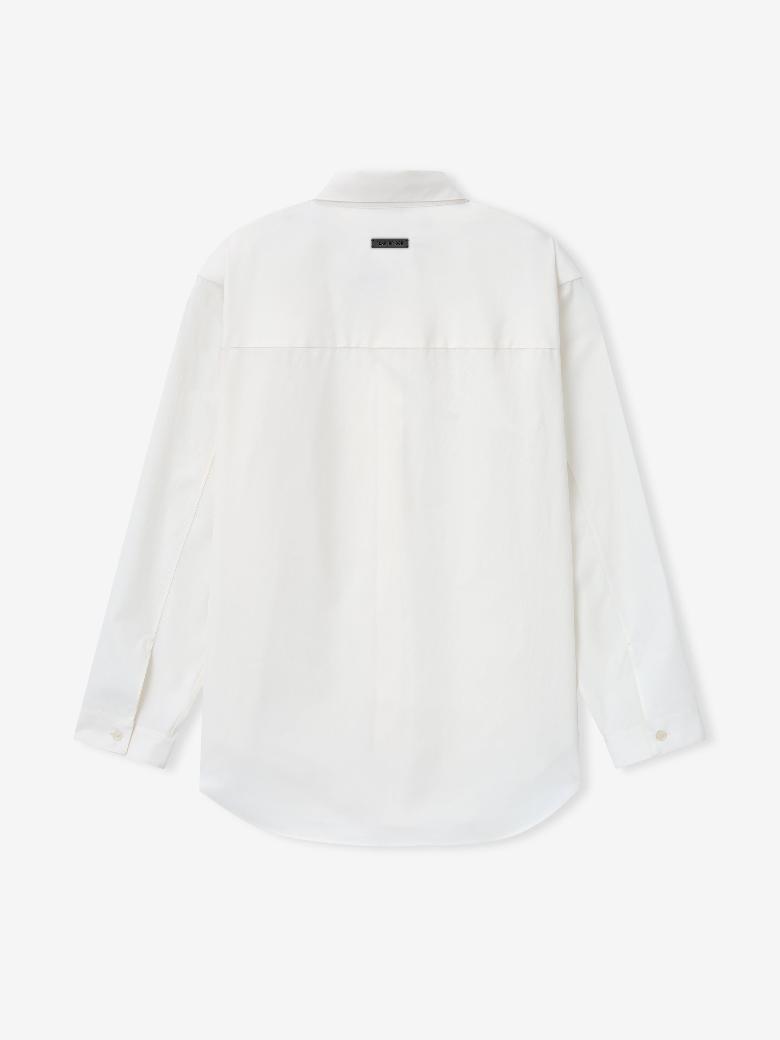 back view of white cotton wool oxford shirt with long sleeves, small button cuffs, and black label detail at collar
