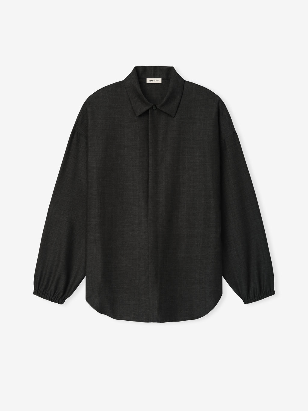 Black long-sleeve shirt with elasticated cuffs, hidden button placket, and a classic pointed collar on smooth fabric