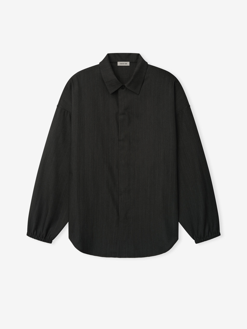 black wool shirt with subtle stripe pattern, elasticated cuffs, classic collar, and curved hem laid flat on white background