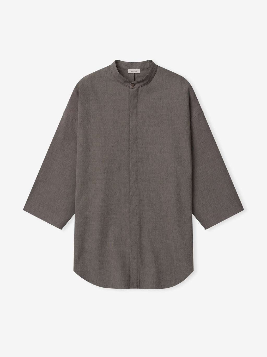 brown cotton-wool oxford shirt with mandarin collar, relaxed fit, long sleeves, and concealed button placket on white background
