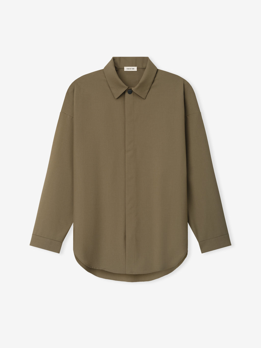 Olive green long-sleeve shirt with concealed front buttons and pointed collar laid flat on white background