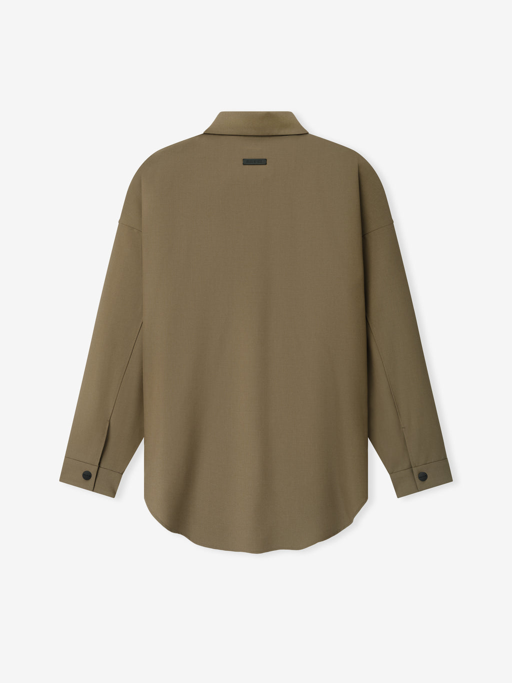 Back view of a clay-colored long-sleeve shirt with buttoned cuffs and a small rectangular label below the collar