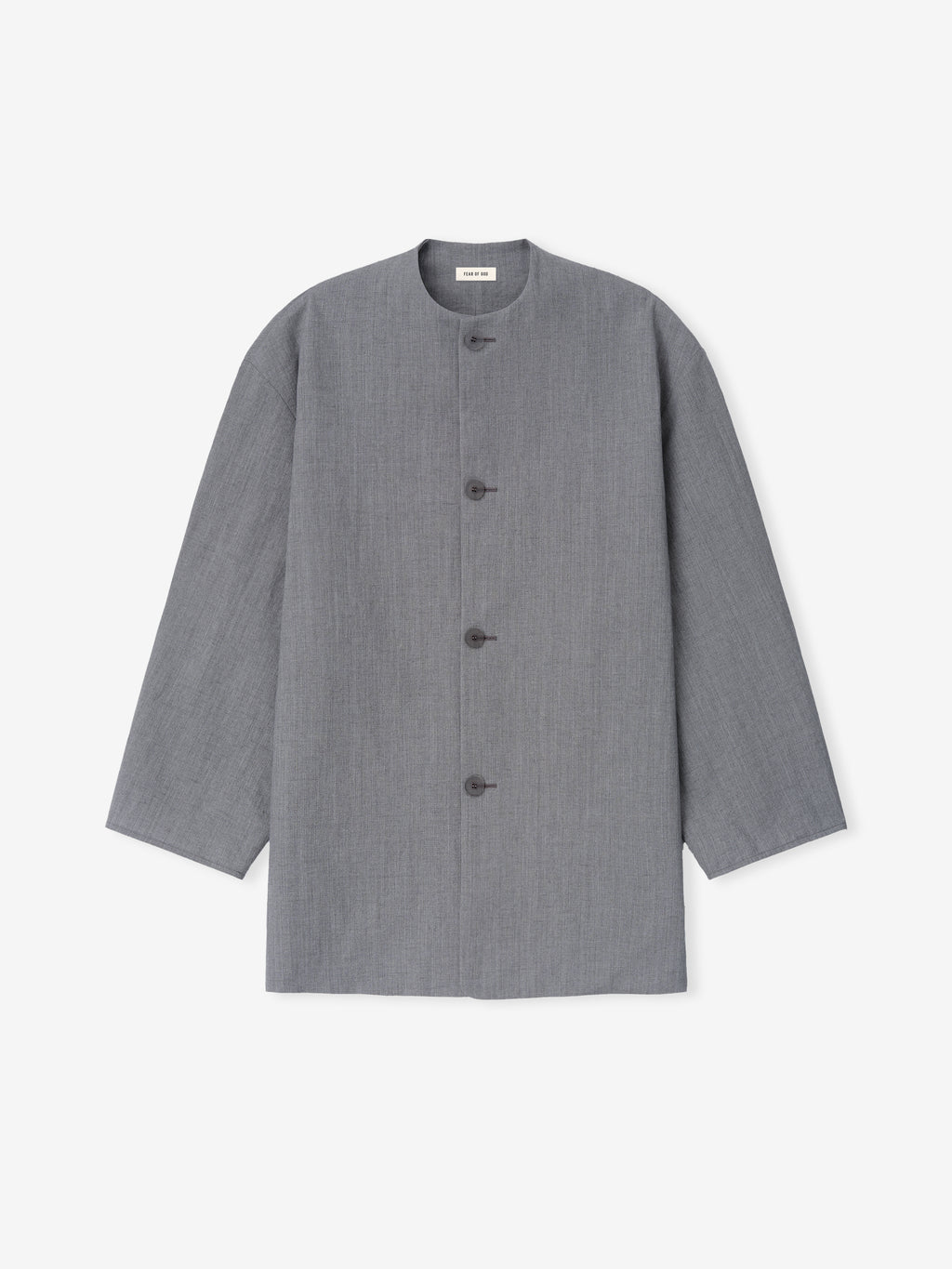 grey washed virgin wool-linen sport jacket with relaxed fit, collarless design, unlined construction, and four-button closure