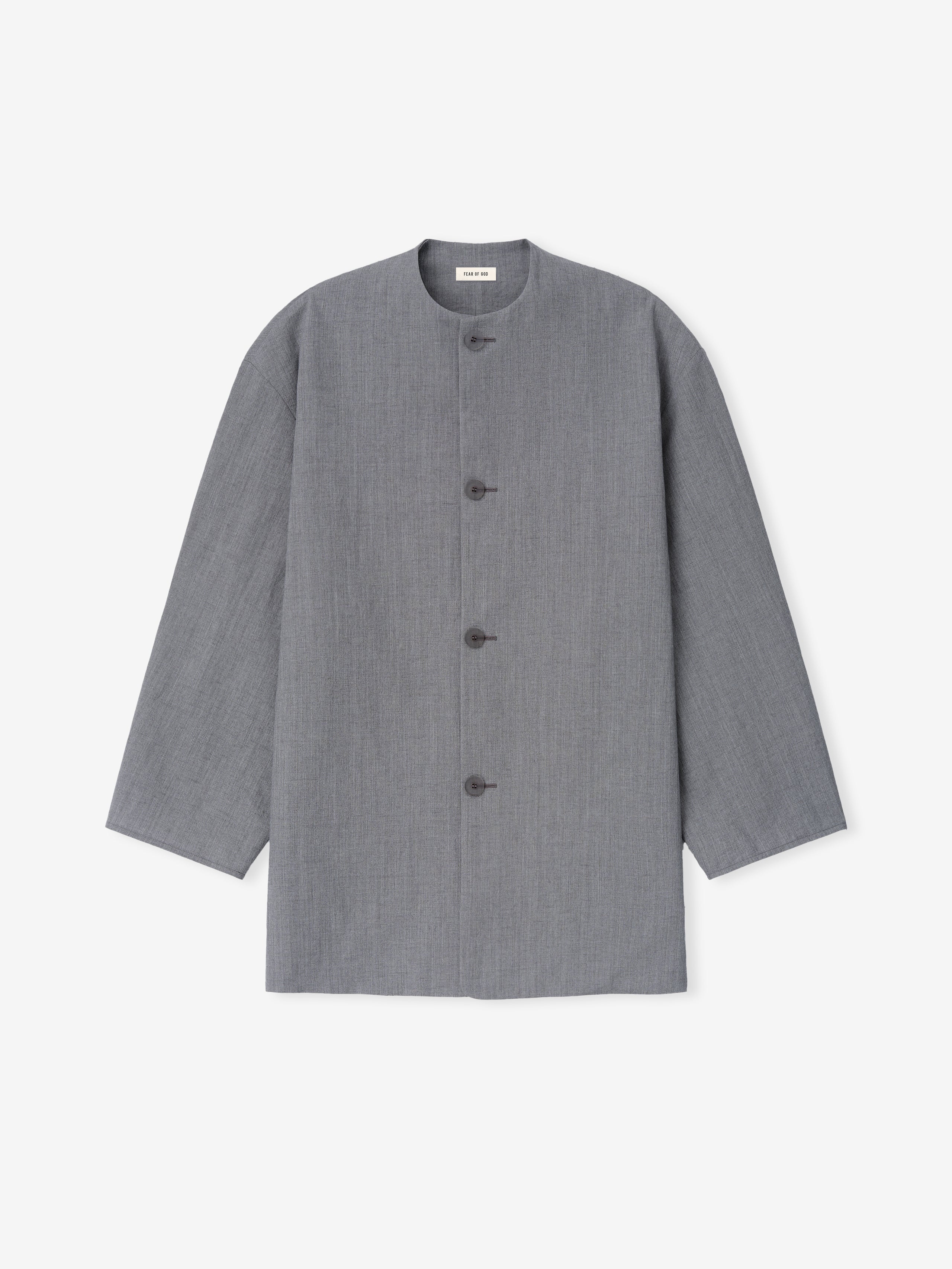 grey washed virgin wool-linen sport jacket with relaxed fit, collarless design, unlined construction, and four-button closure
