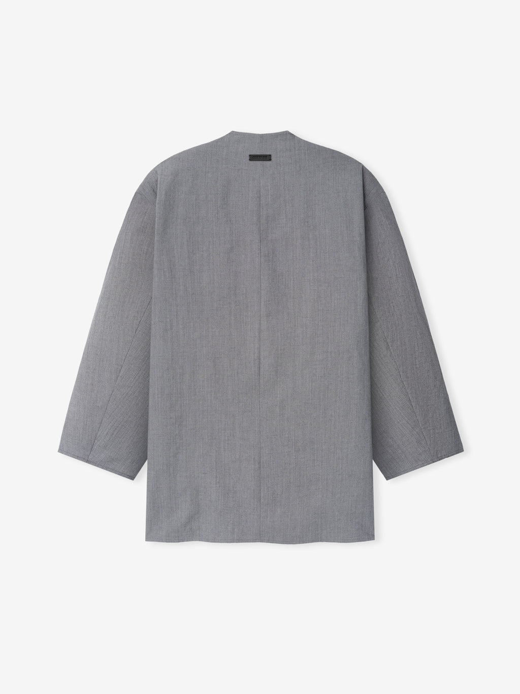 back view of grey washed virgin wool-linen collarless sport jacket with relaxed fit and unlined construction