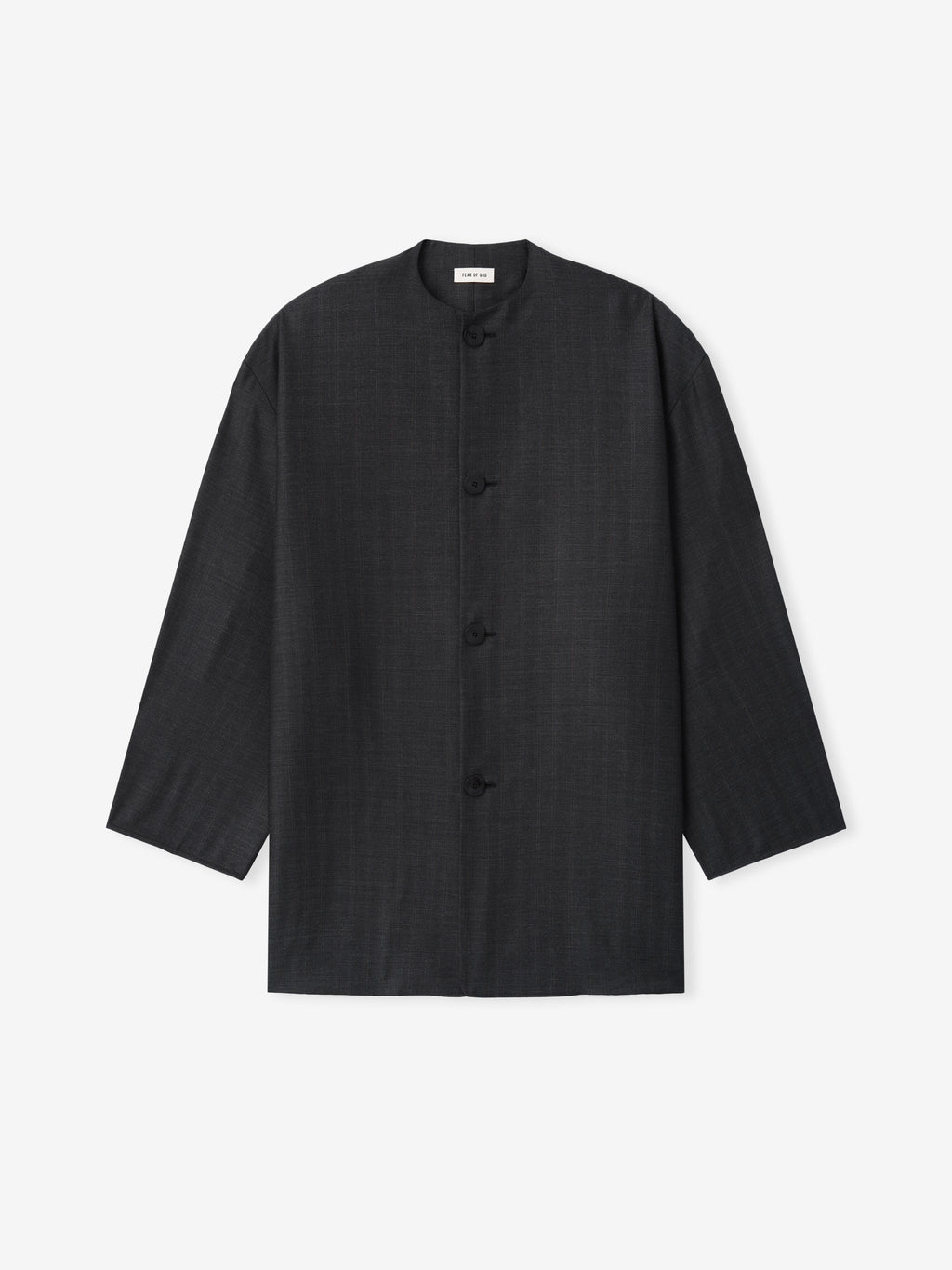 Long-sleeve dark gray jacket with mandarin collar and four button closures on a plain white background