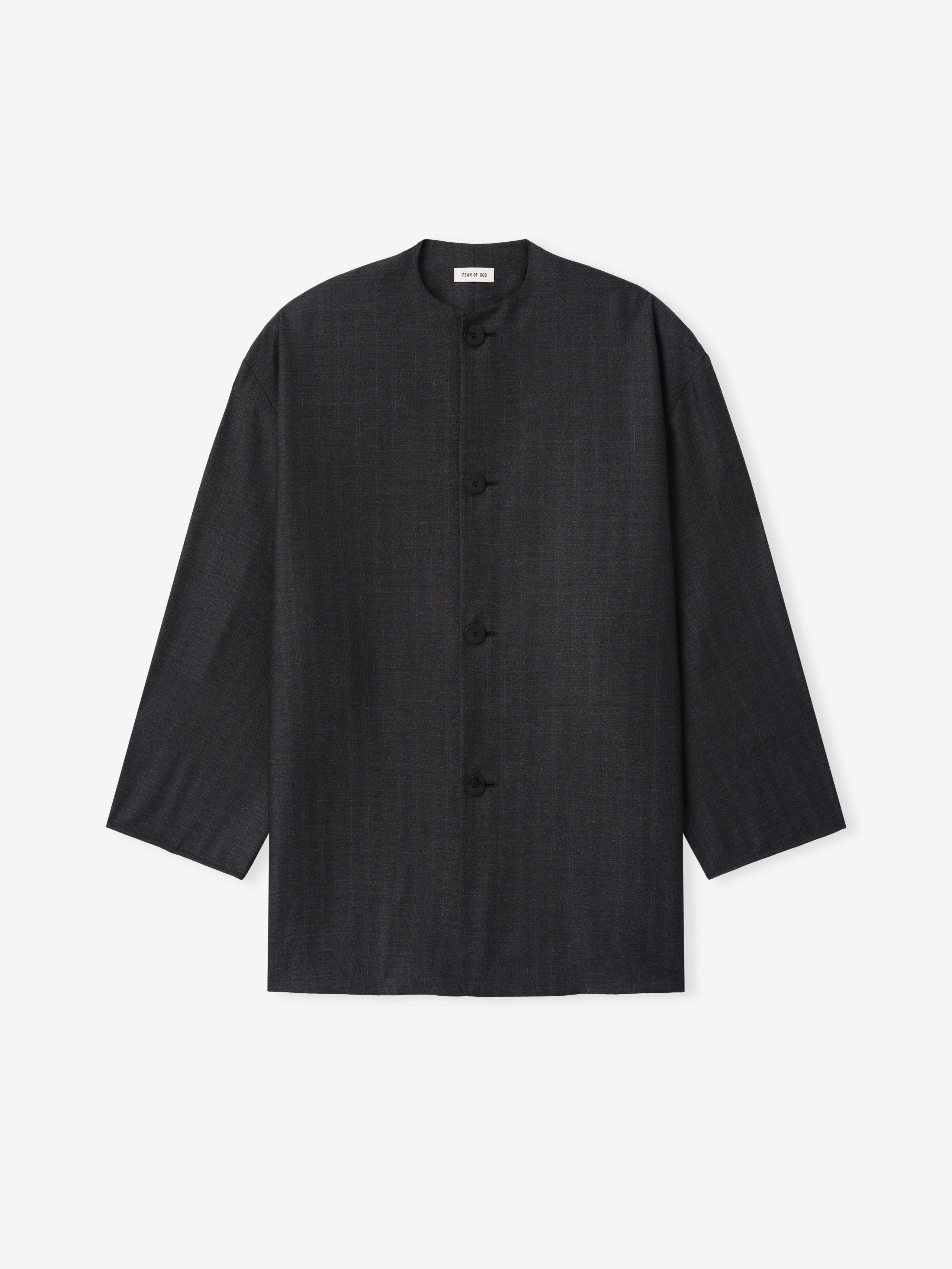 Long-sleeve dark gray jacket with mandarin collar and four button closures on a plain white background