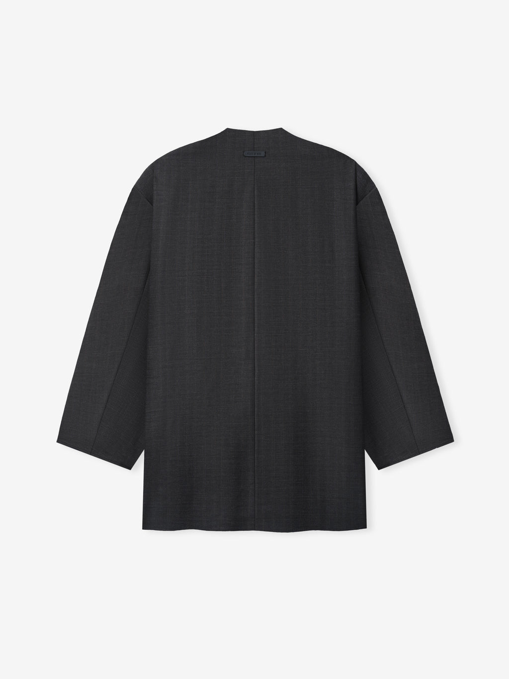 Back view of a black long-sleeve jacket with straight cut and minimalistic design on a white background