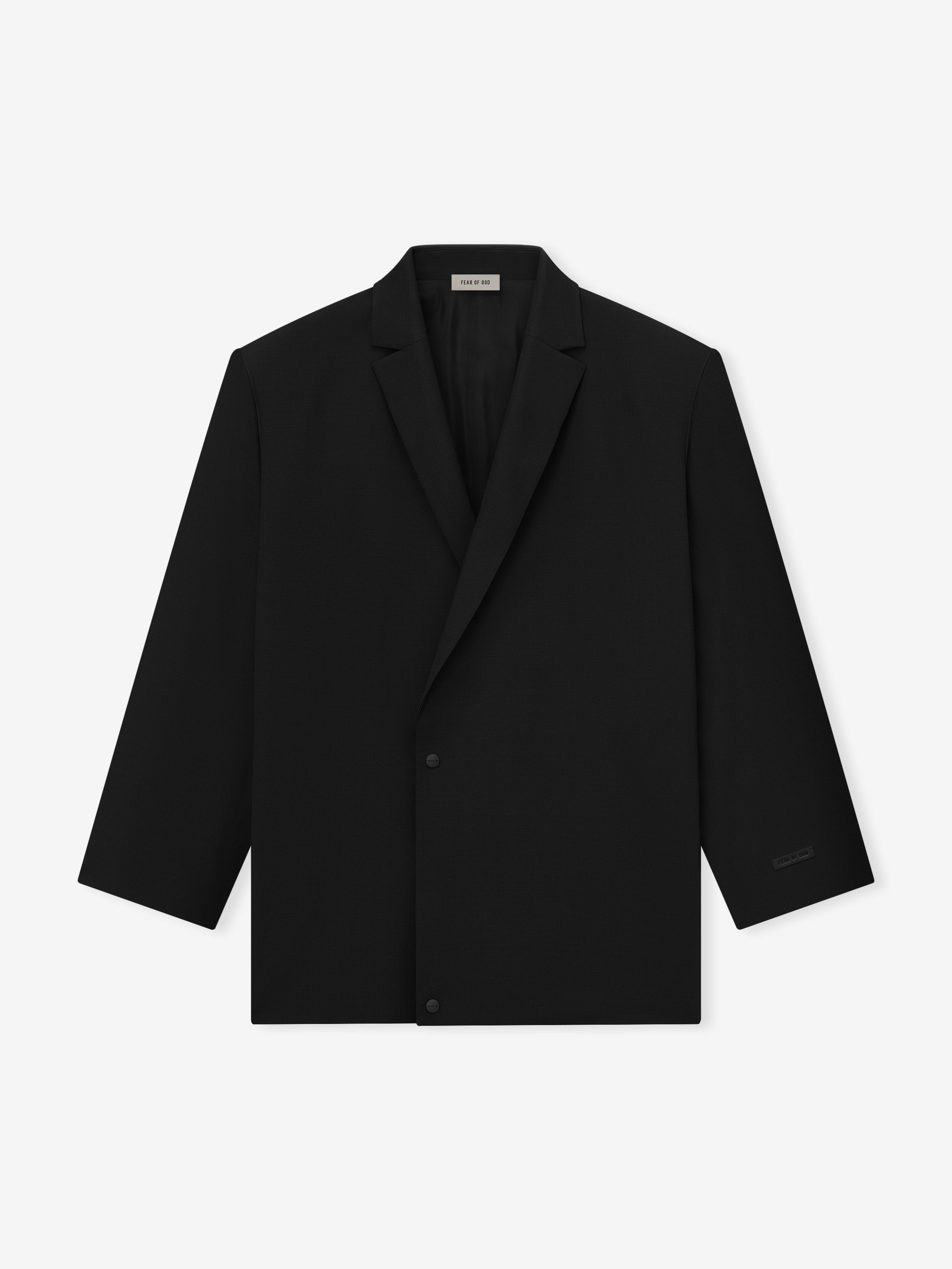 black relaxed fit long jacket with tailored lapels and snap button front closure