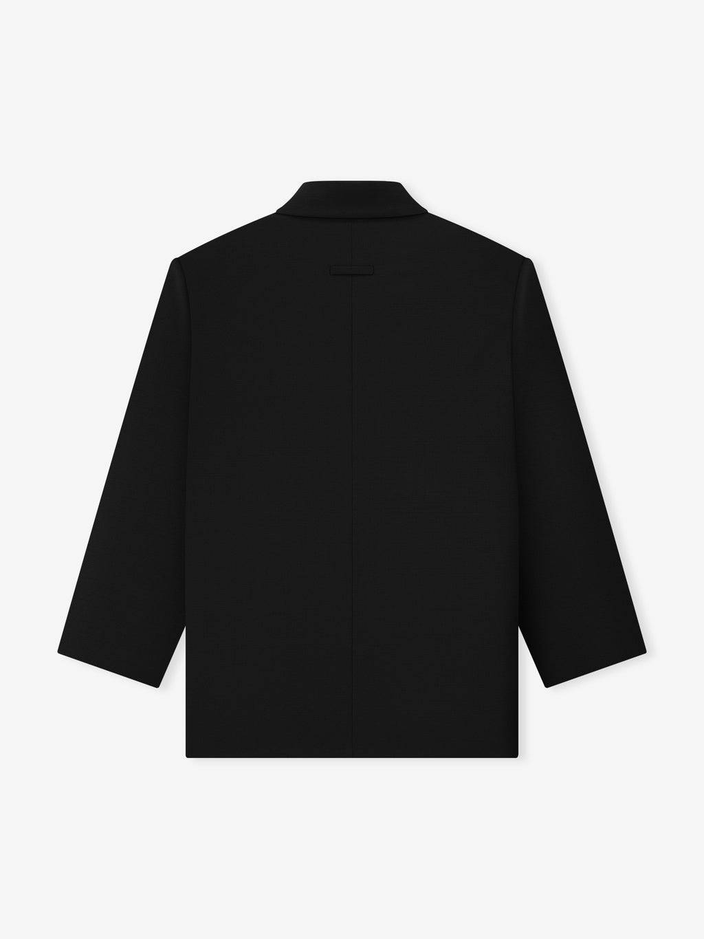 back view of black relaxed long jacket in lightweight rip-stop virgin wool with sculpted drape and straight hem