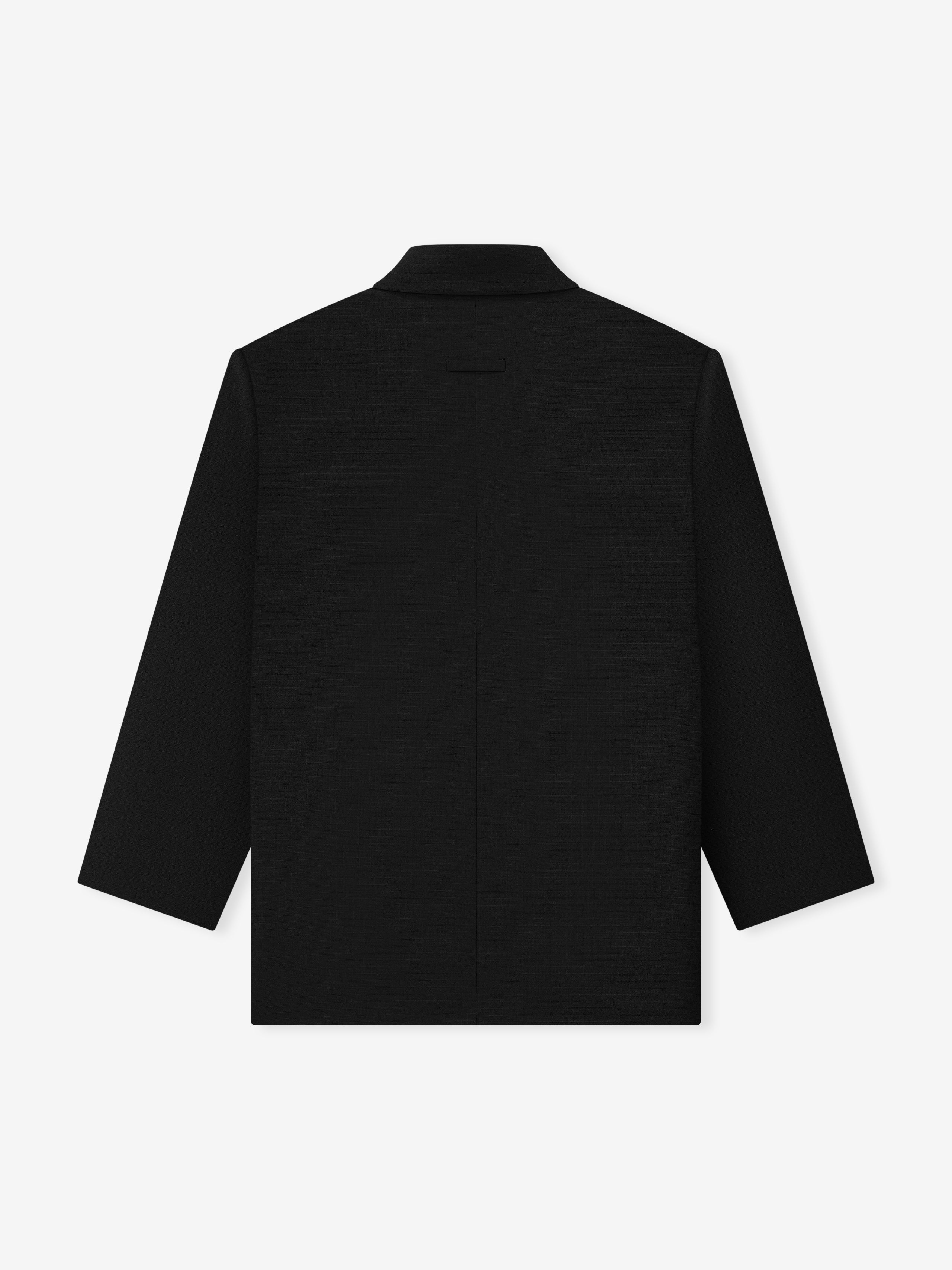 back view of black relaxed long jacket in lightweight rip-stop virgin wool with sculpted drape and straight hem