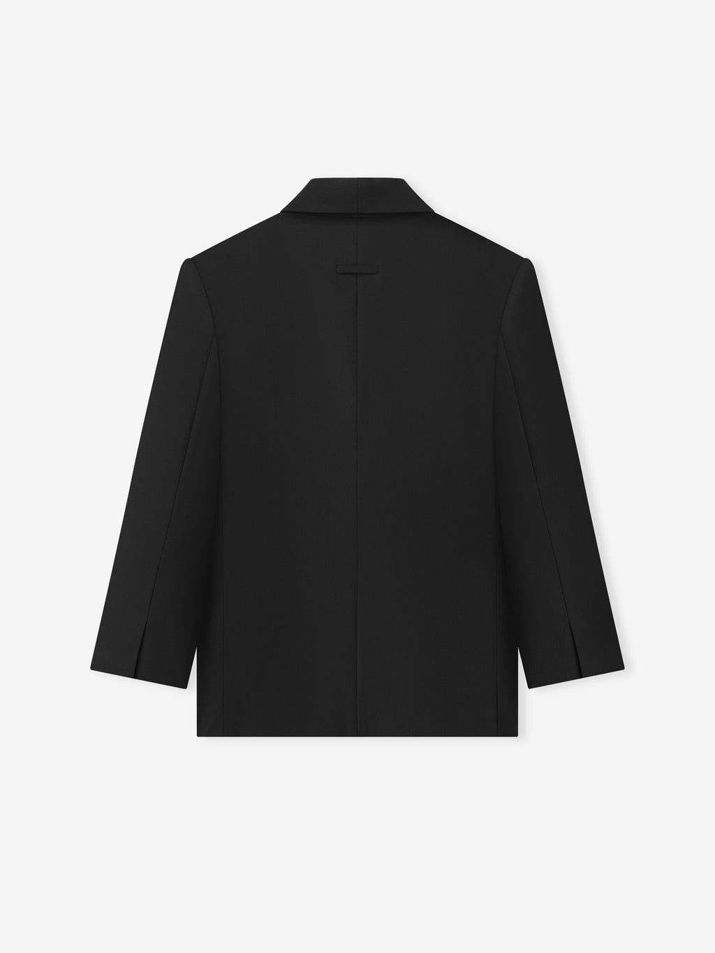 Double-Breasted Wool Poplin Shawl Collar Jacket in black shown from the back, featuring clean lines, structured shoulders, and a sleek, tailored fit ideal for outerwear or suiting.