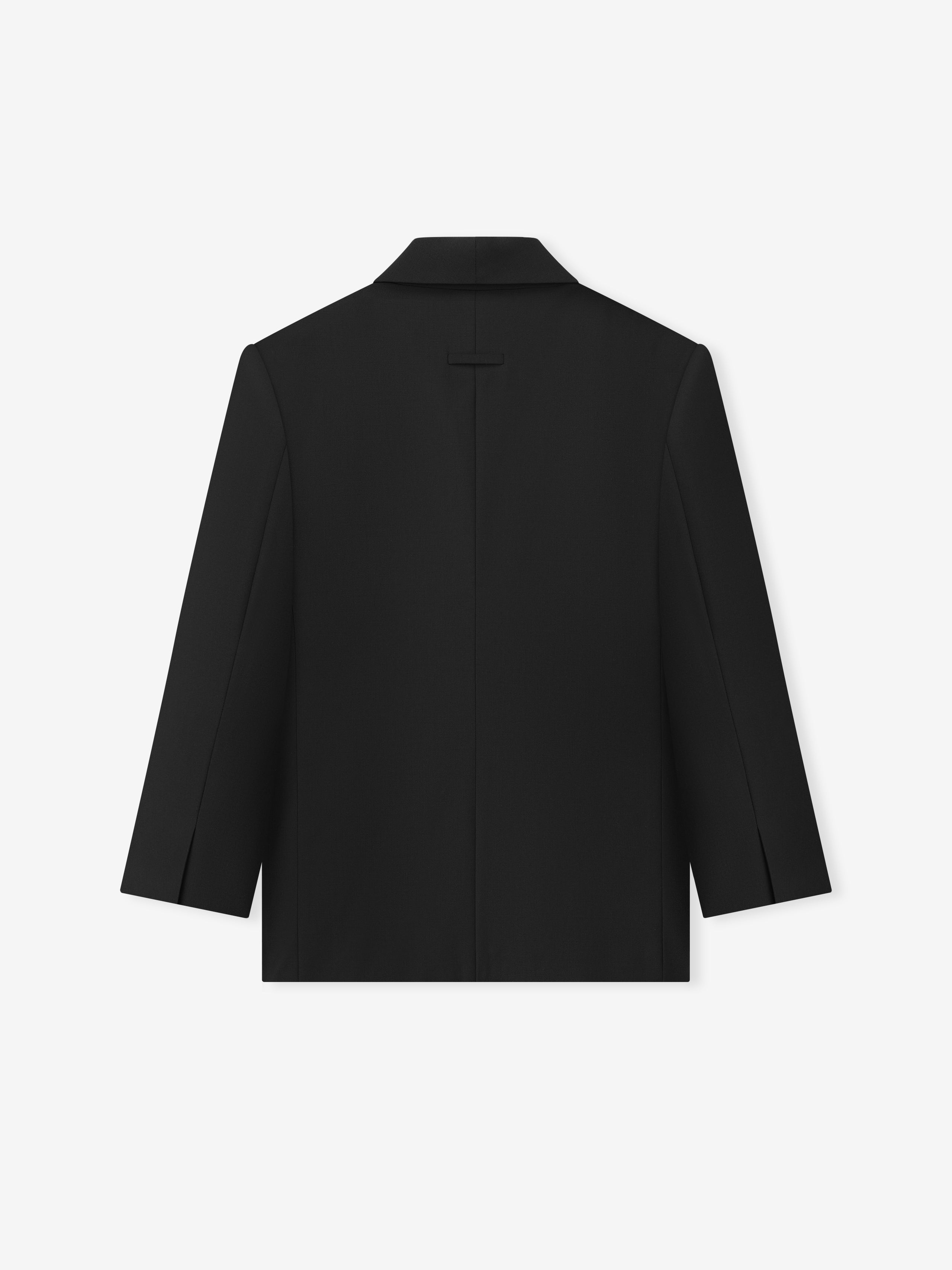 Double-Breasted Wool Poplin Shawl Collar Jacket in black shown from the back, featuring clean lines, structured shoulders, and a sleek, tailored fit ideal for outerwear or suiting.