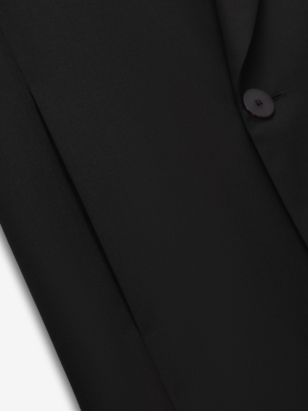 Double-Breasted Wool Poplin Shawl Collar Jacket in black focusing on the fine poplin wool fabric texture and a single dark button detail for sophisticated suiting and outerwear.