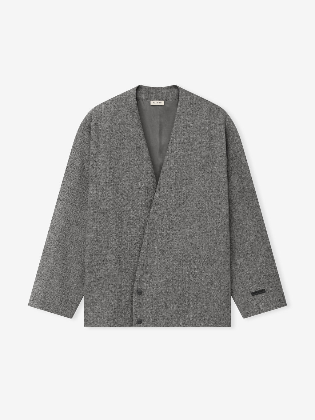 grey virgin wool mouliné lapelless cropped jacket with metal snap button closure and half lining
