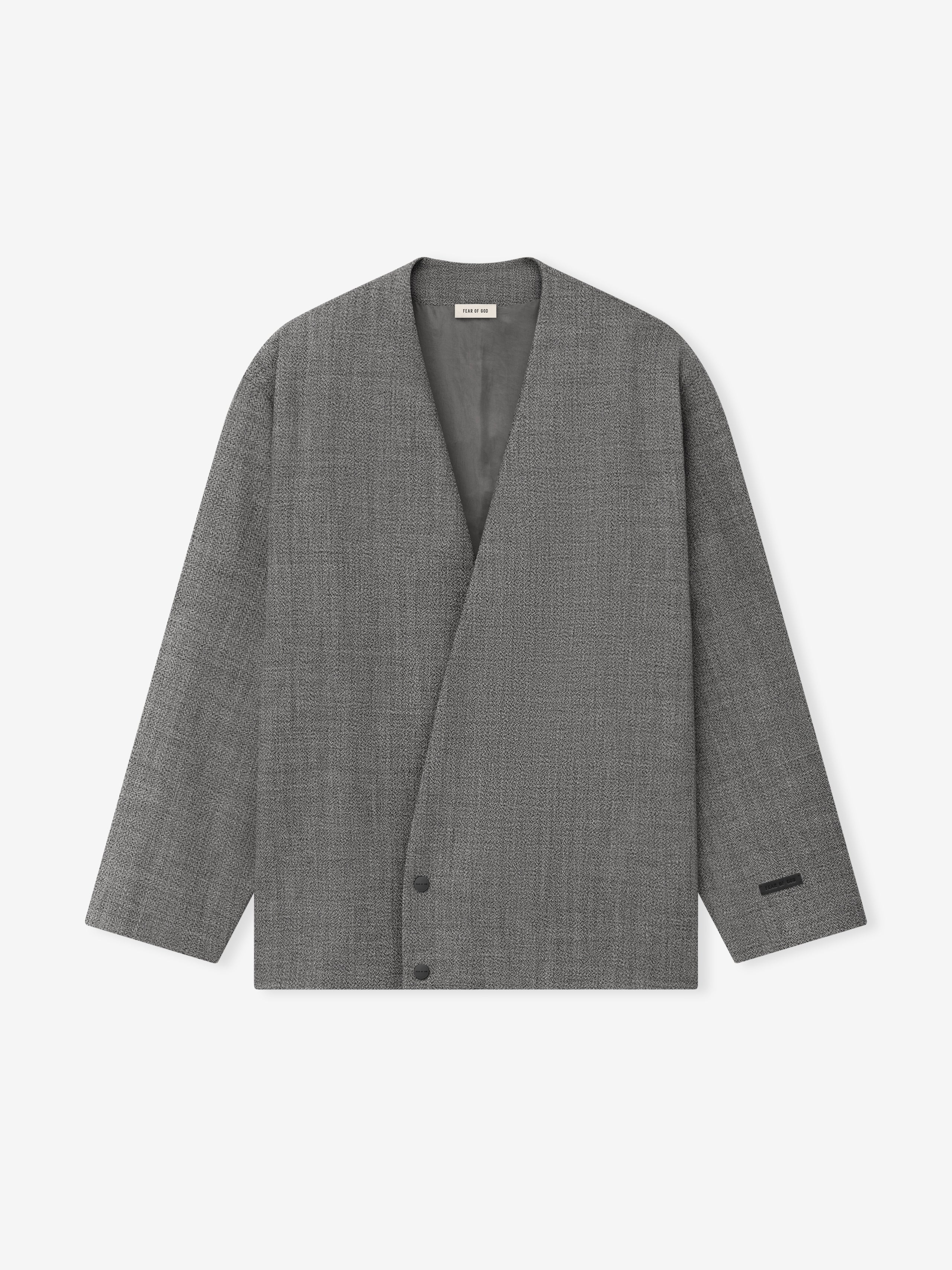 grey virgin wool mouliné lapelless cropped jacket with metal snap button closure and half lining