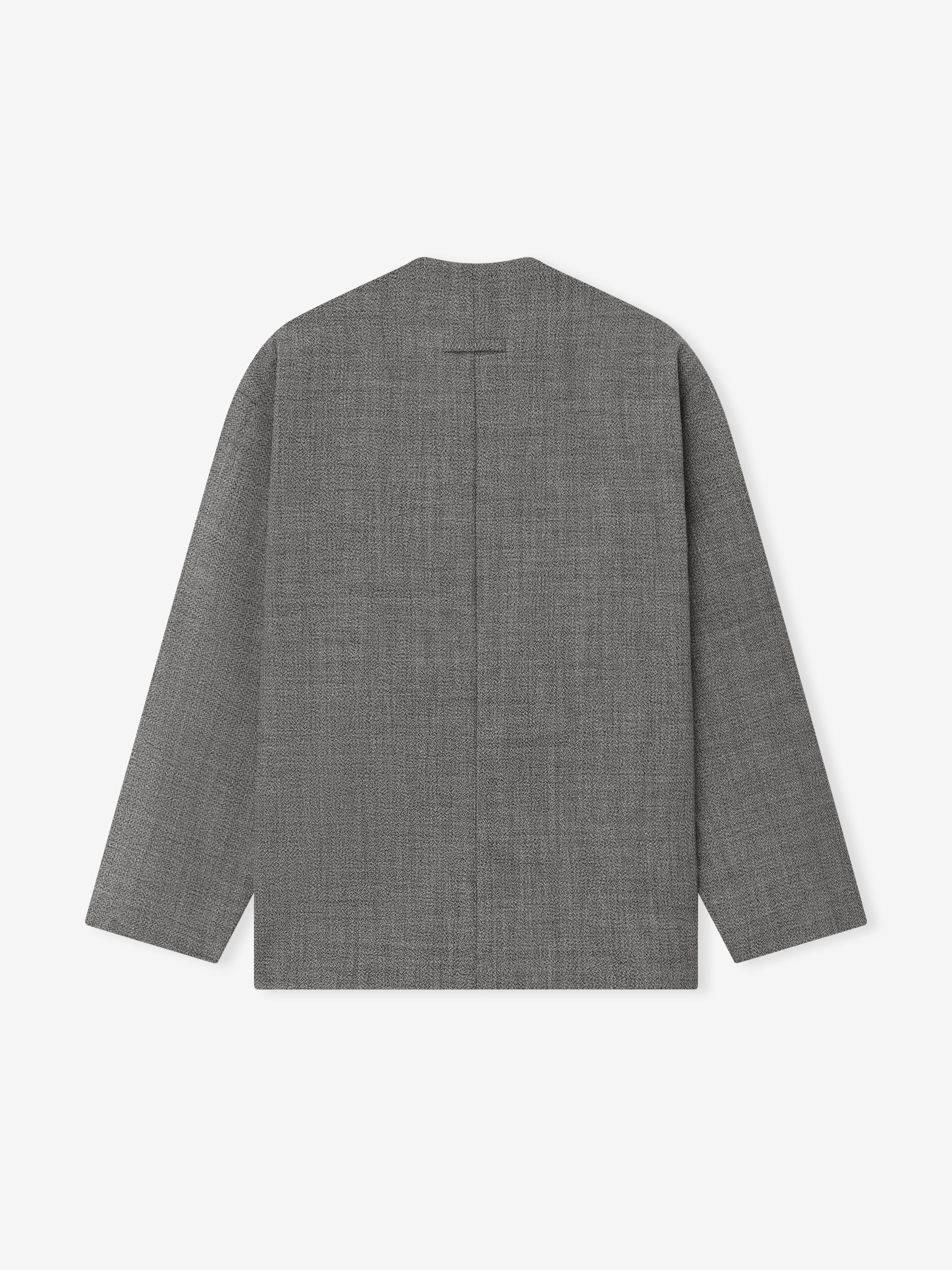 back view of grey virgin wool mouliné relaxed lapelless cropped jacket with clean straight hem and long sleeves