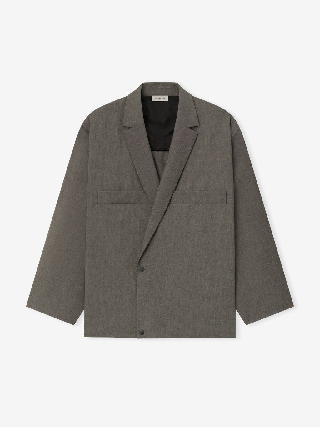 front view of relaxed cotton-wool oxford shirt jacket in muted grey with two snap buttons and notched lapel