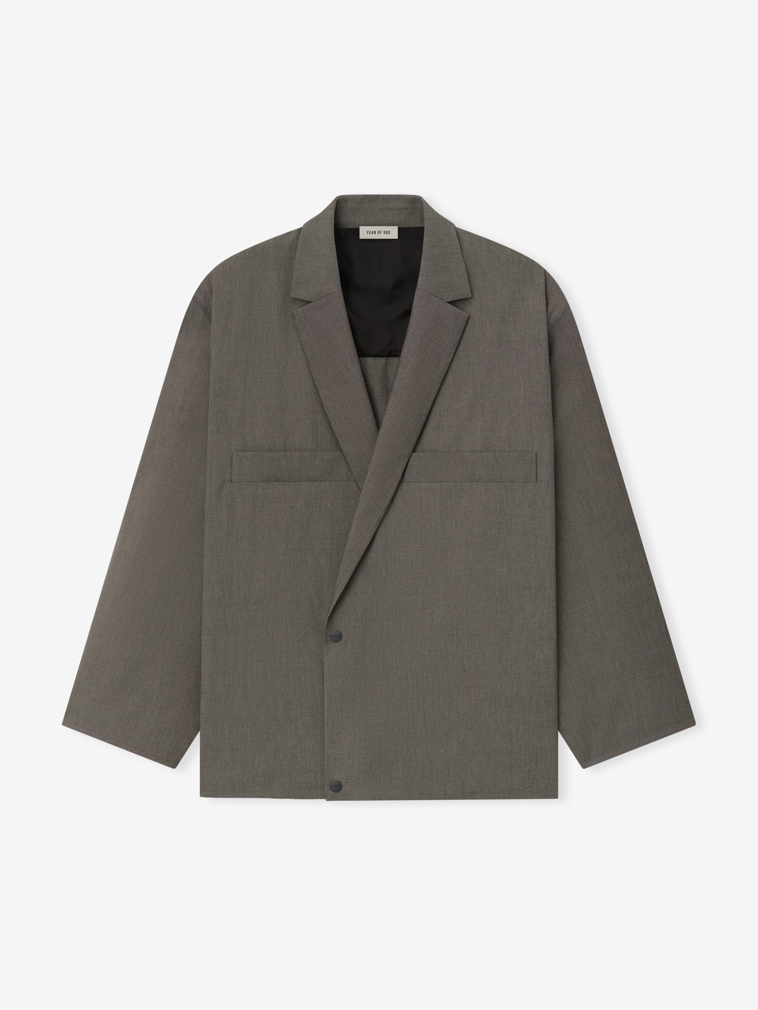 front view of relaxed cotton-wool oxford shirt jacket in muted grey with two snap buttons and notched lapel