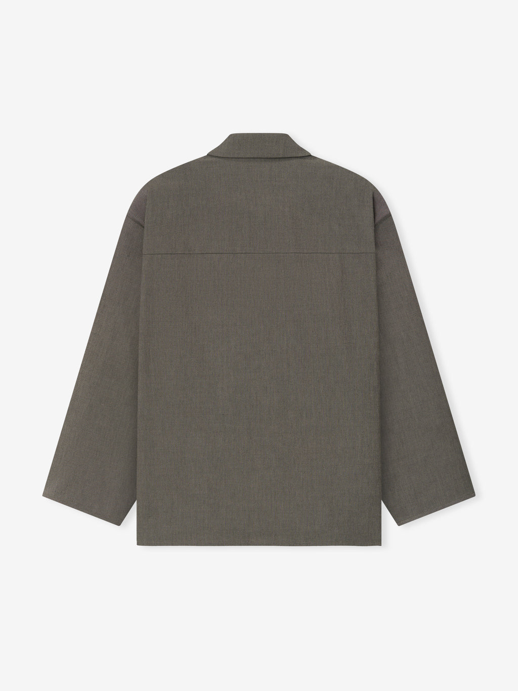 back view of relaxed fit cotton-wool oxford shirt jacket in muted olive with straight hem and long sleeves
