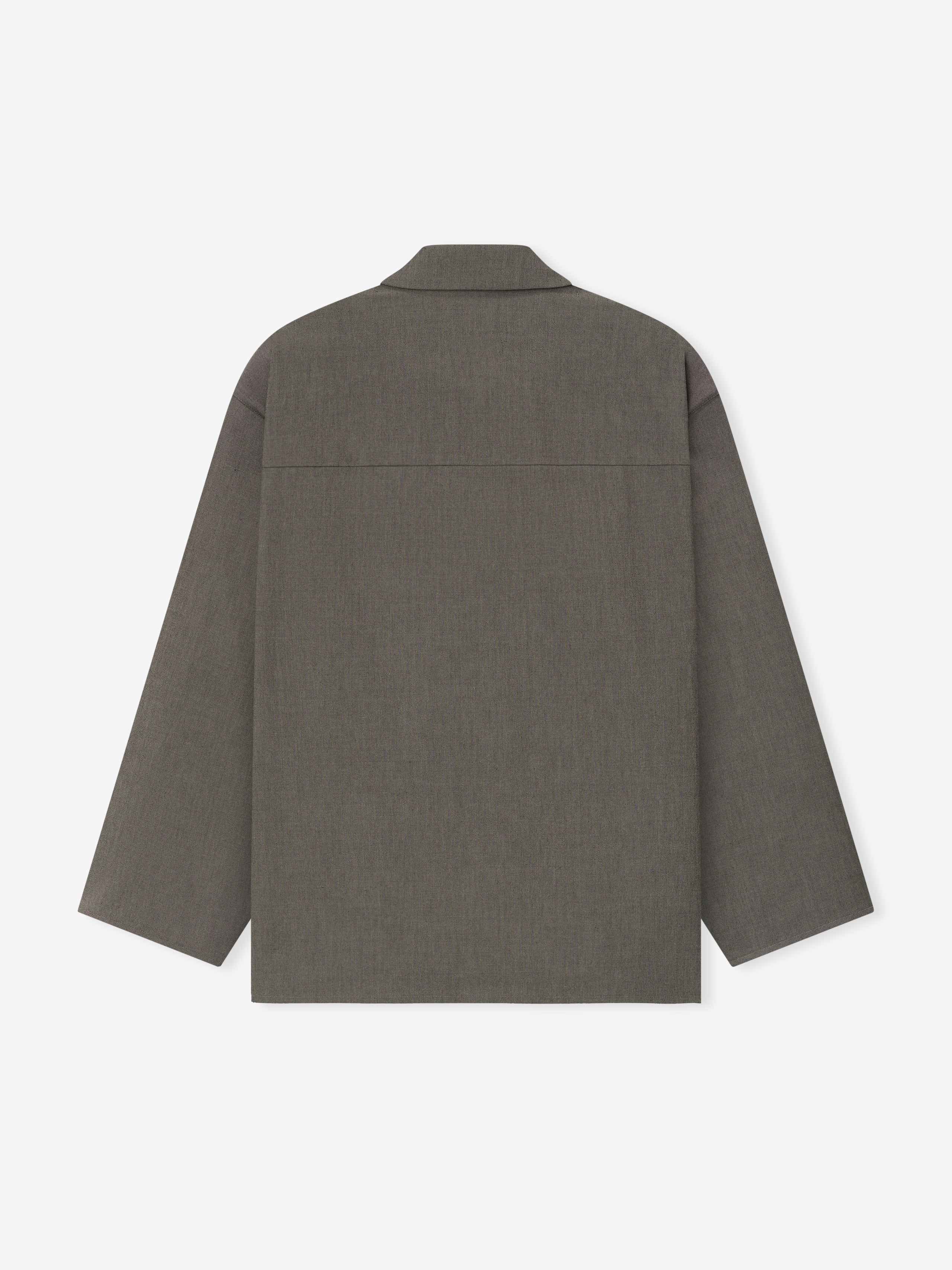 back view of relaxed fit cotton-wool oxford shirt jacket in muted olive with straight hem and long sleeves