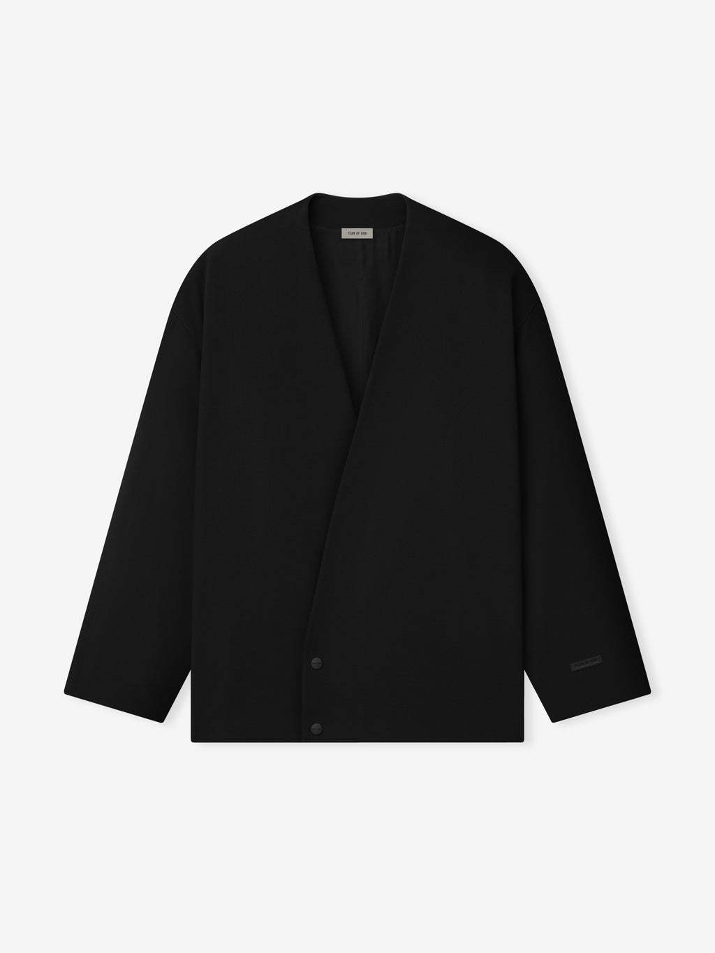 black lapelless cropped jacket in lightweight wool canvas with metal snap button closure and relaxed fit silhouette