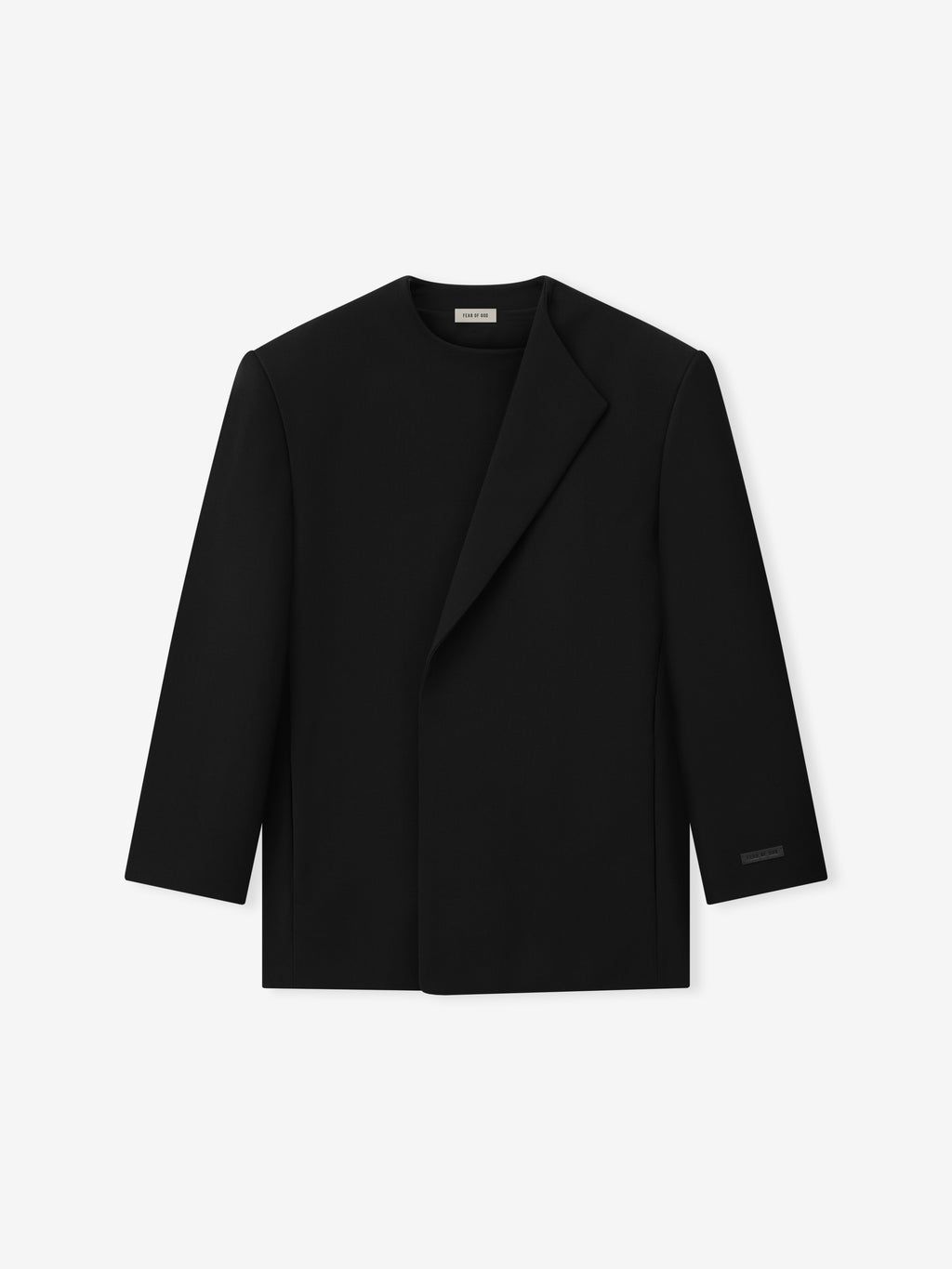 black collarless double weave virgin wool crewneck jacket with sculptural weight and relaxed tailored silhouette