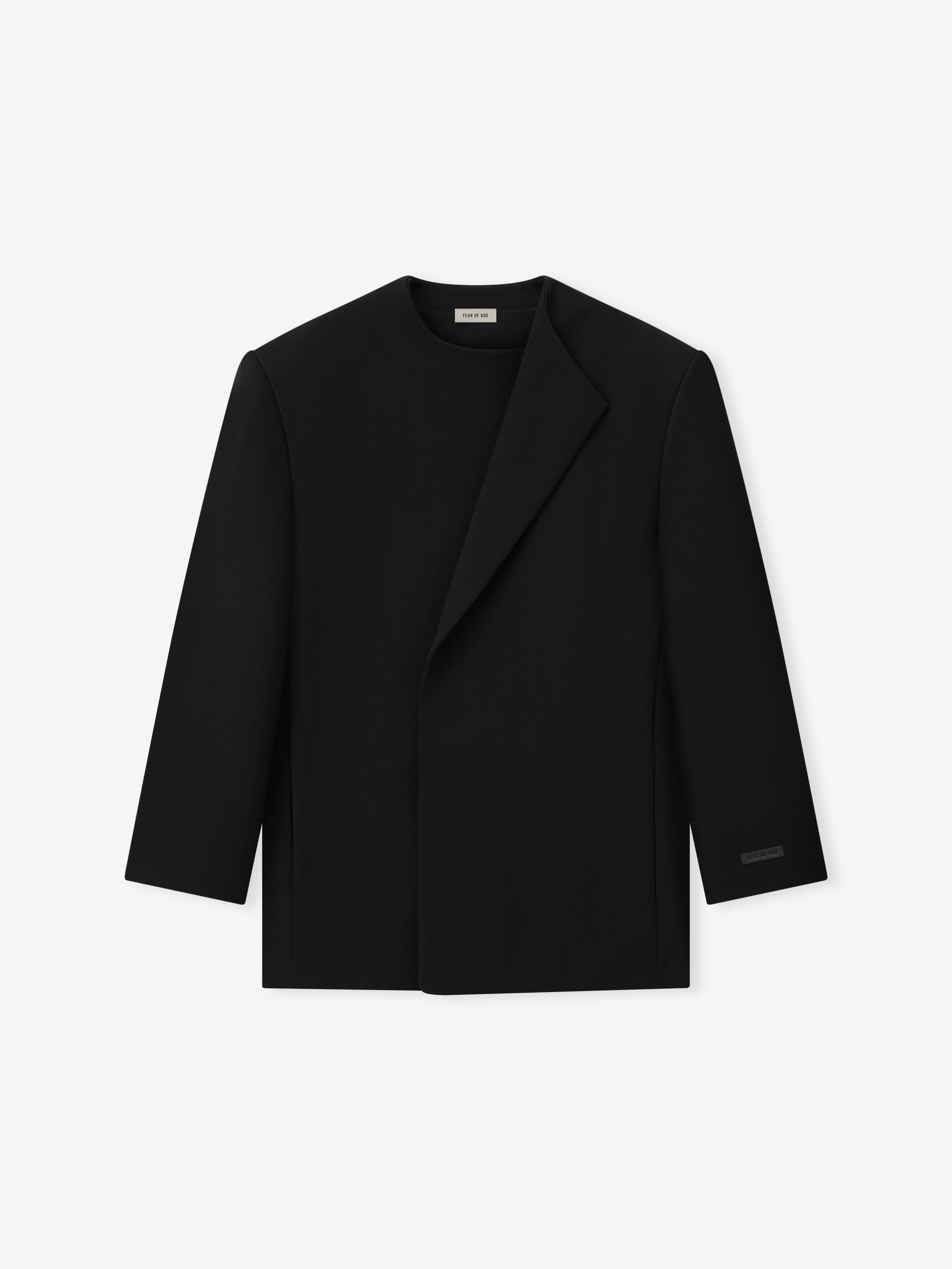 black collarless double weave virgin wool crewneck jacket with sculptural weight and relaxed tailored silhouette