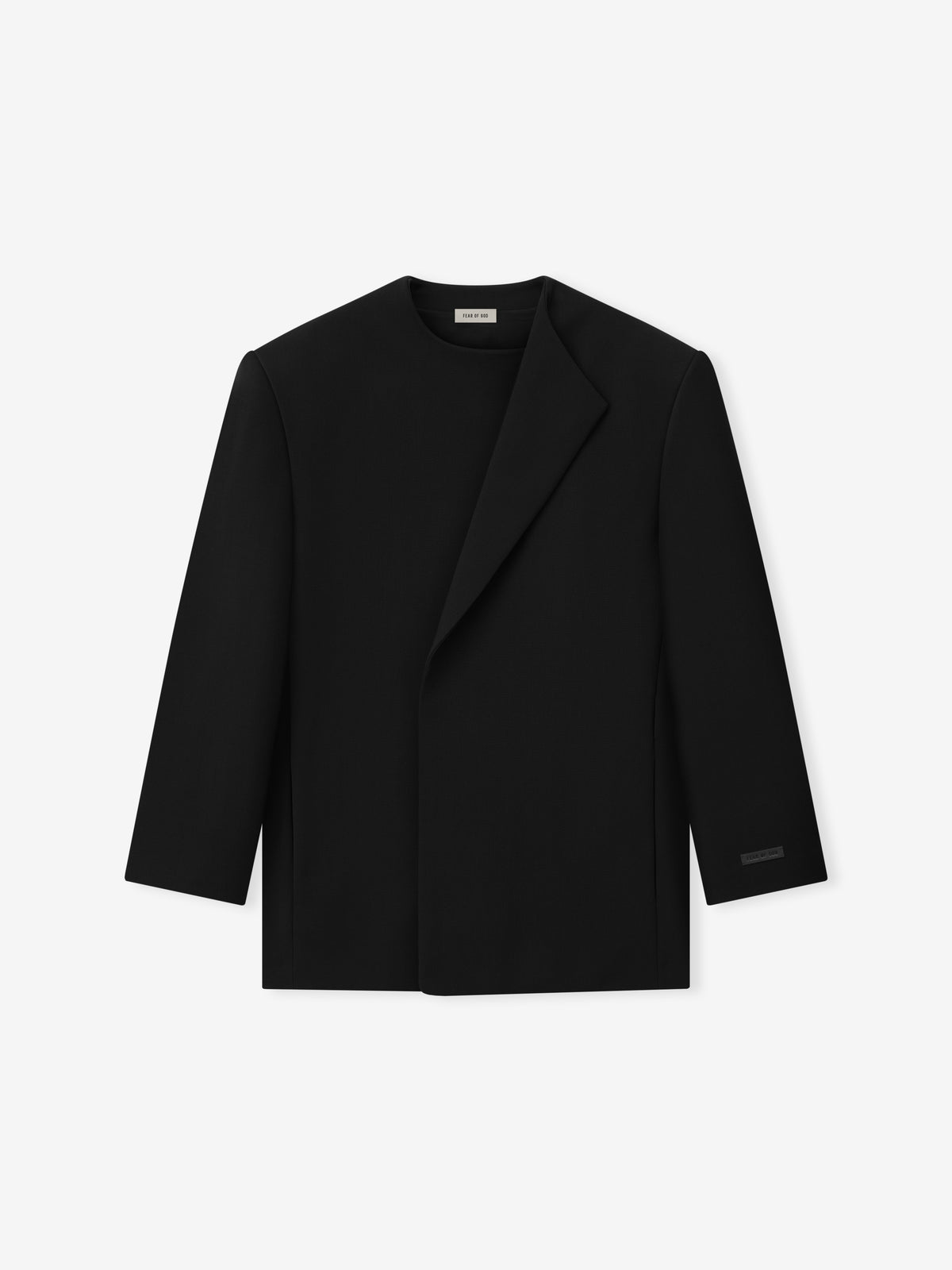 Double Weave Wool Belted Jacket shown flat from the front in black with a wrap front broad lapels long sleeves and a clean straight hem as Outerwear
