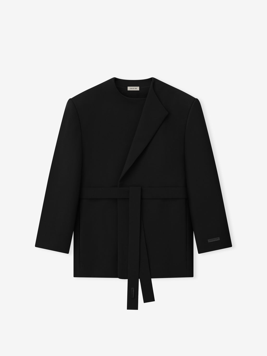 black collarless double weave virgin wool crewneck jacket with relaxed tailored fit and matching fabric belt closure