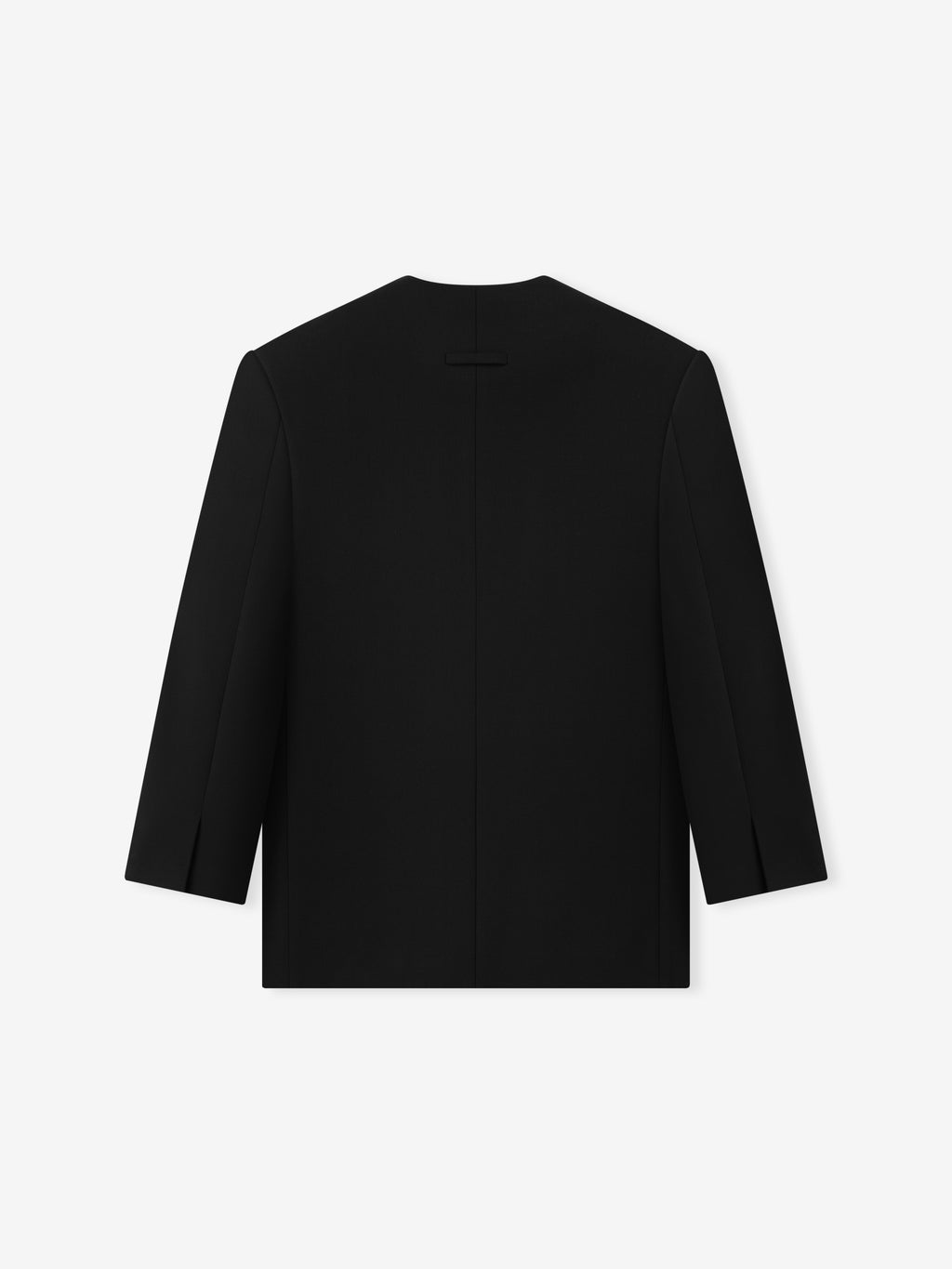 back view of black double-weave virgin wool crewneck jacket with clean seam and relaxed tailored silhouette