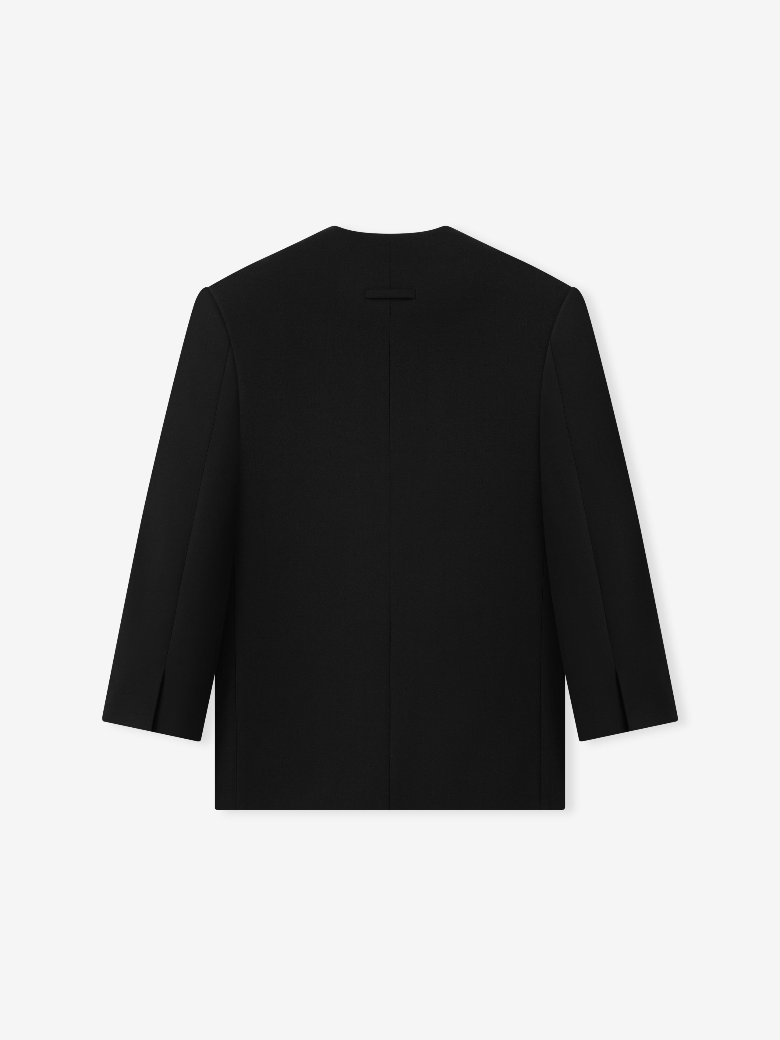 back view of black double-weave virgin wool crewneck jacket with clean seam and relaxed tailored silhouette