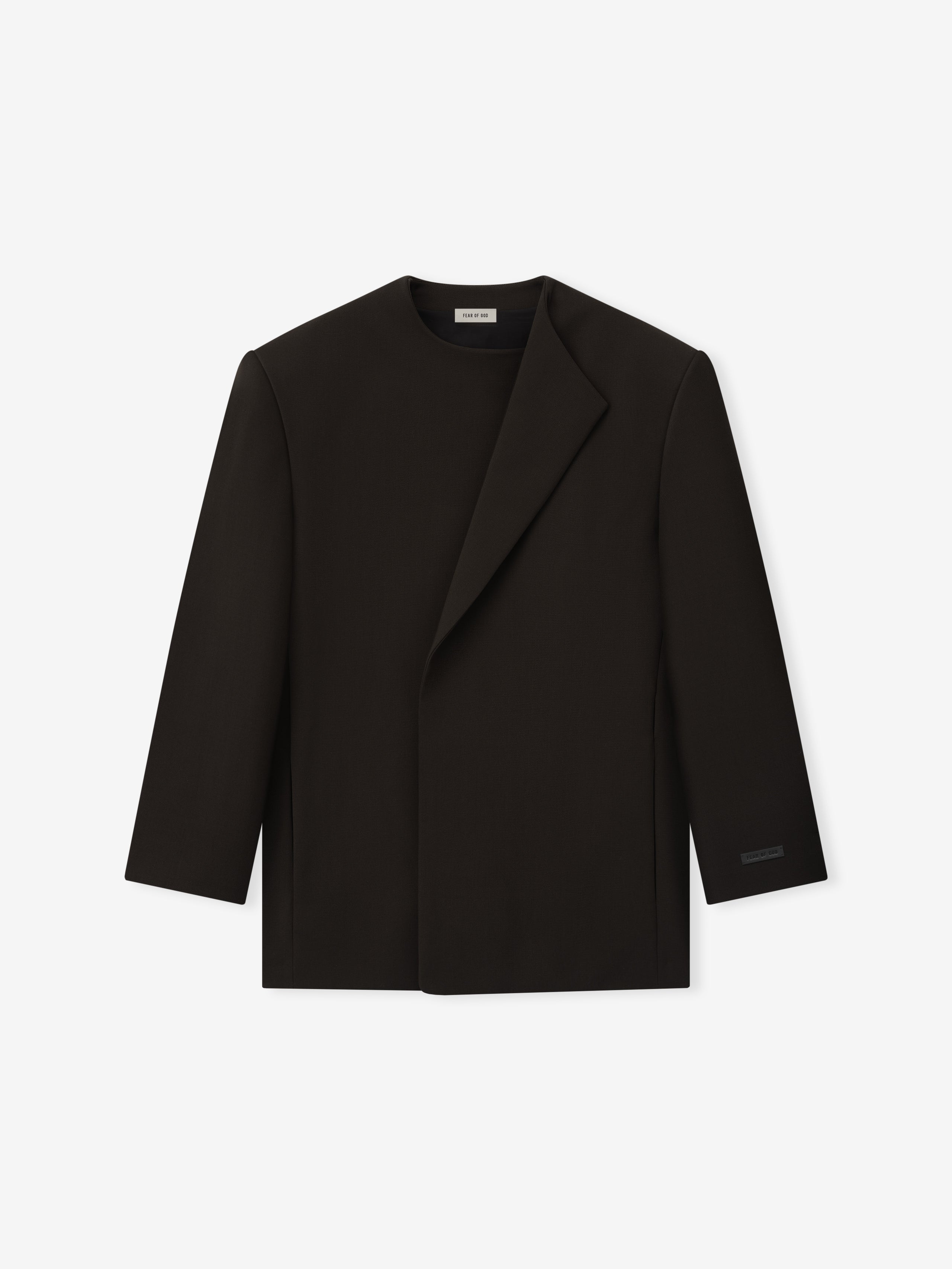 black double-weave virgin wool collarless crewneck jacket with sculptural weight and relaxed tailored silhouette