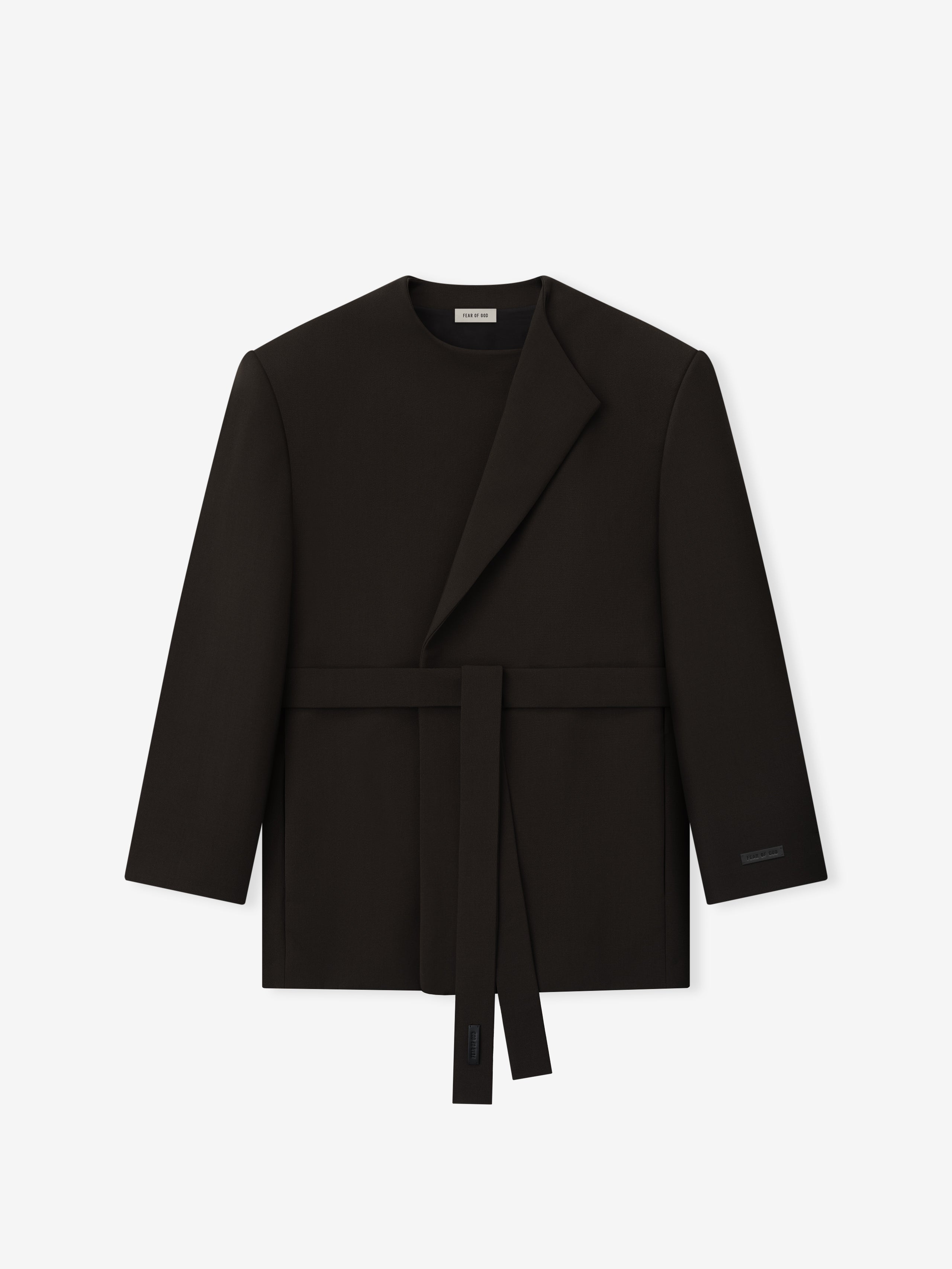 black collarless double-weave virgin wool crewneck jacket with sculptural volume and belted waist detail