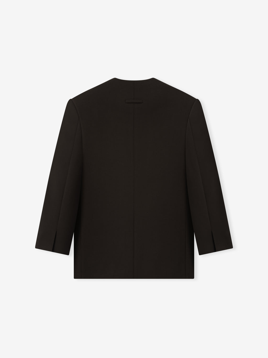 back view of black double-weave virgin wool crewneck jacket with clean lines and tailored long sleeves