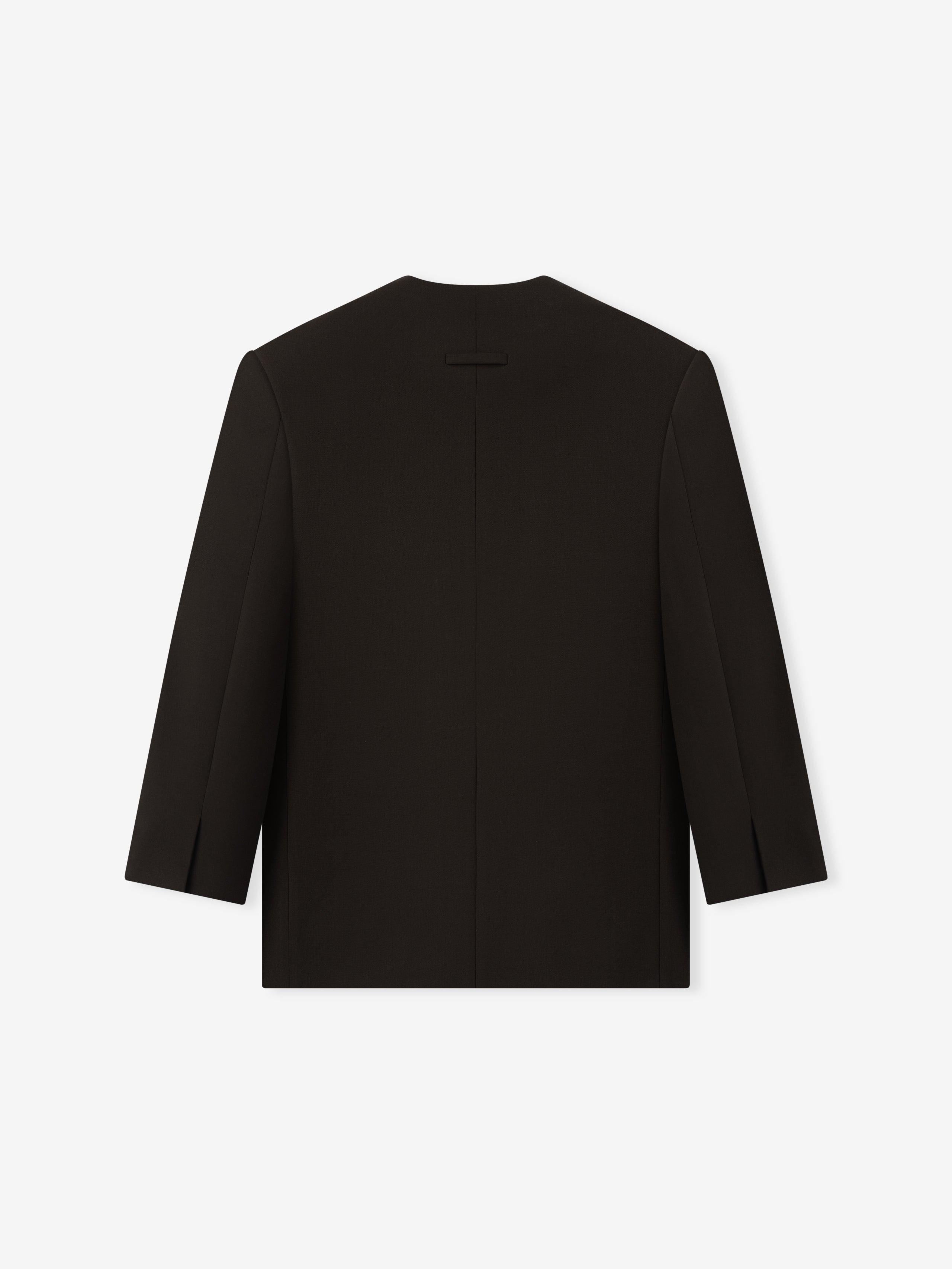 back view of black double-weave virgin wool crewneck jacket with clean lines and tailored long sleeves