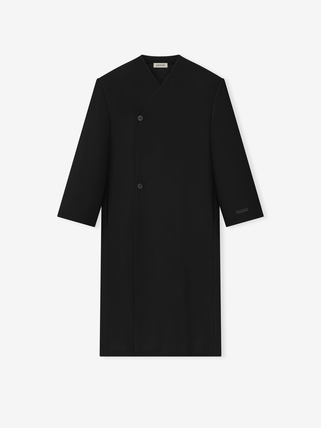 black double-breasted lapelless coat crafted from sculptural double weave virgin wool with clean minimalist design