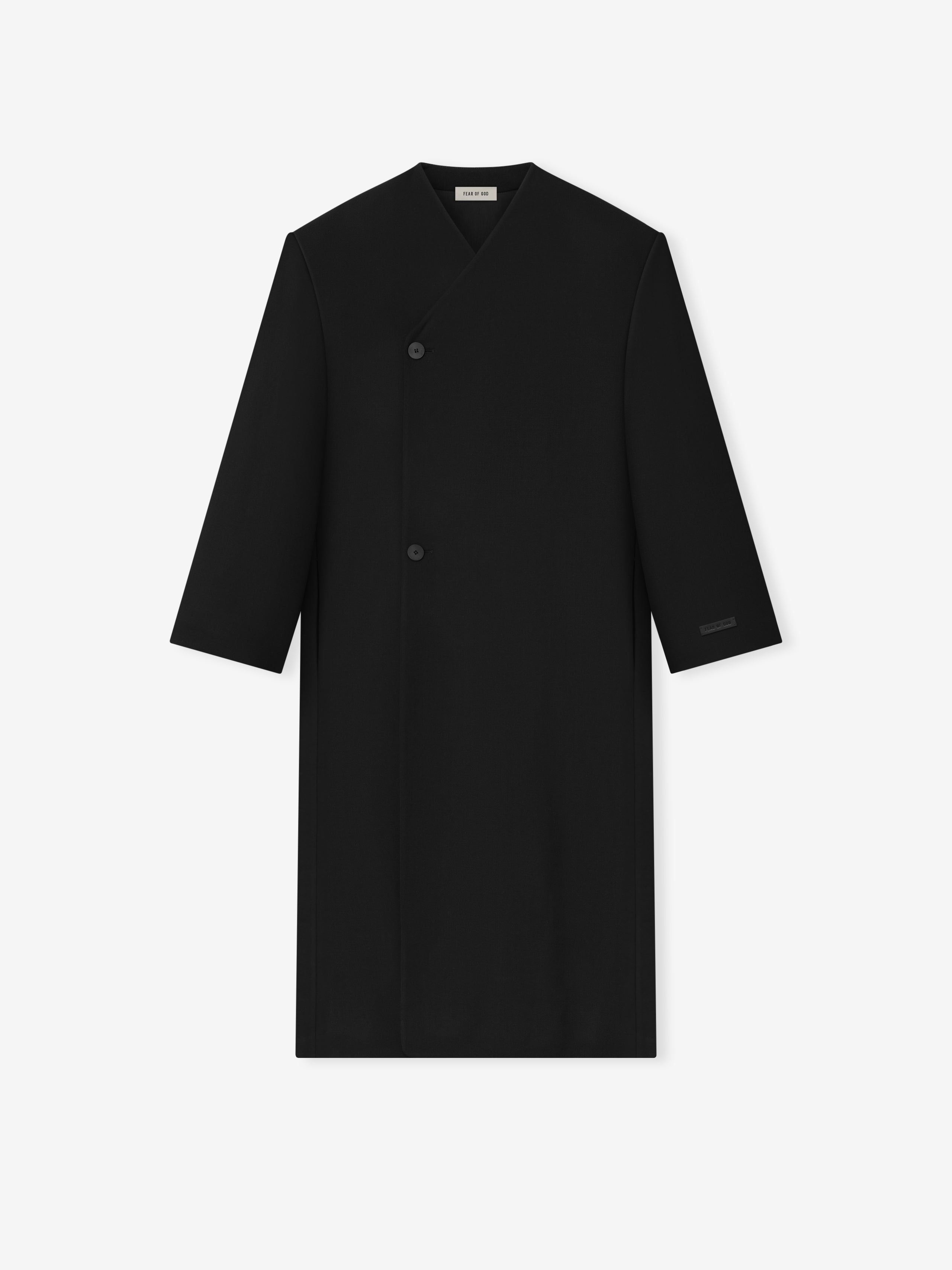 black double-breasted lapelless coat crafted from sculptural double weave virgin wool with clean minimalist design