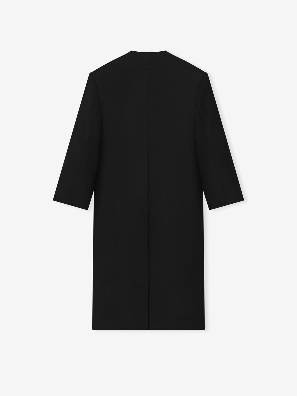 back view of black double weave virgin wool lapelless coat with clean lines and sculptural volume