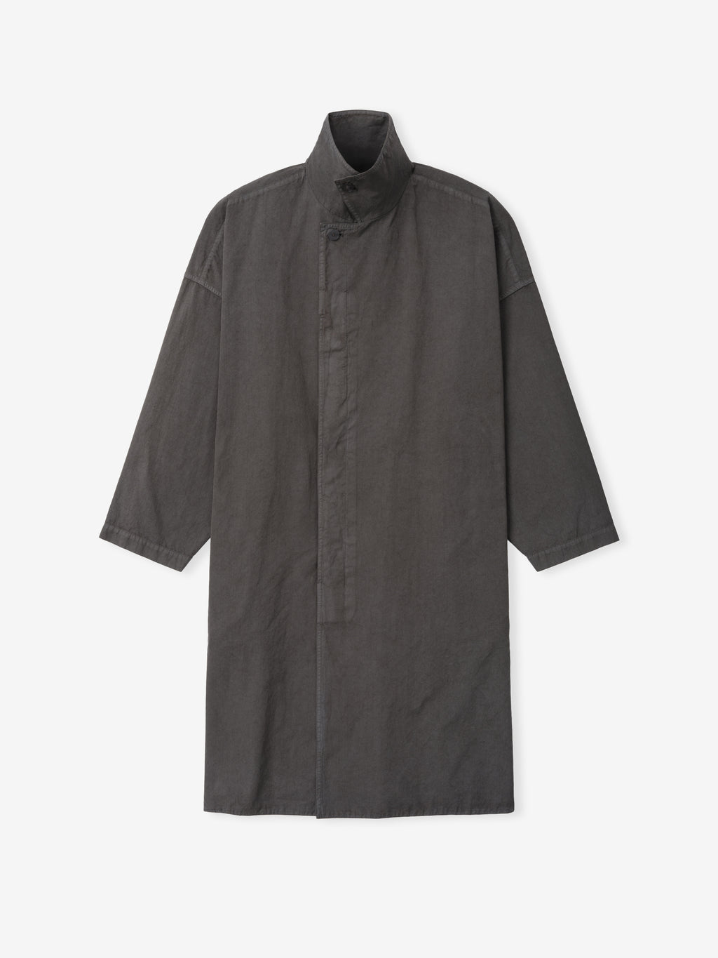 Dark gray long coat with high collar, concealed button placket, and dropped shoulder seams displayed on white background