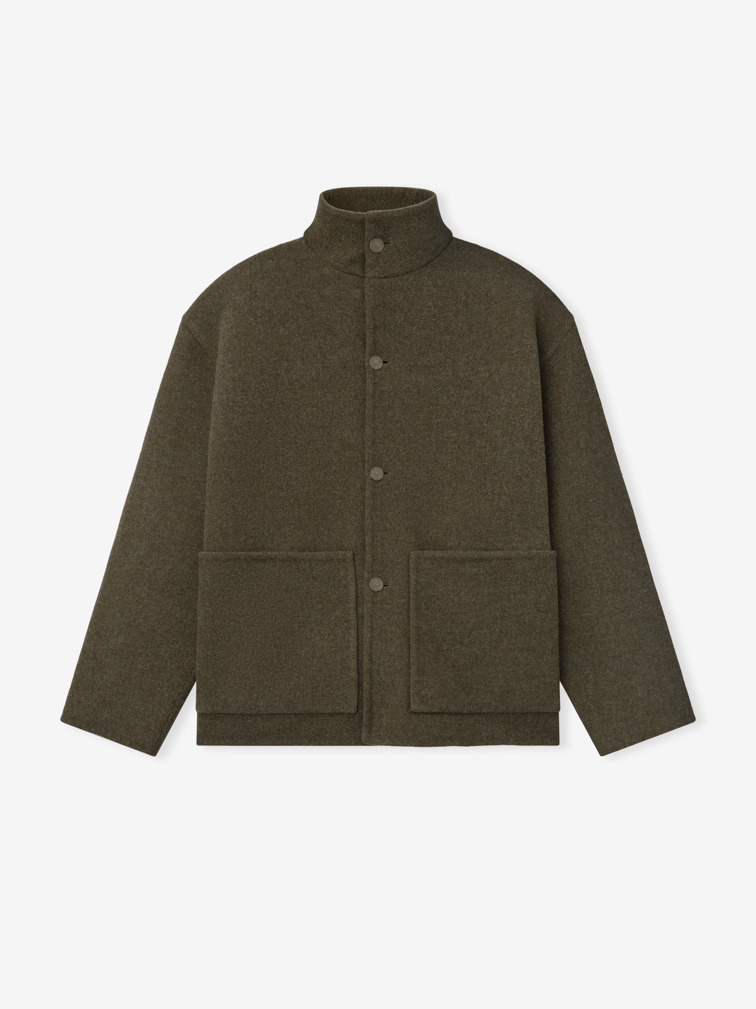 olive green double-face wool-cashmere sport jacket with high collar and large front patch pockets