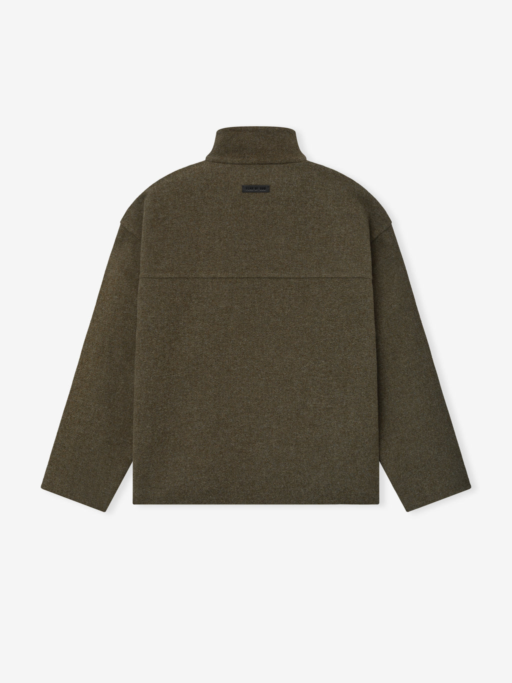 back view of olive green double-face wool-cashmere sport jacket with high collar and minimalist design