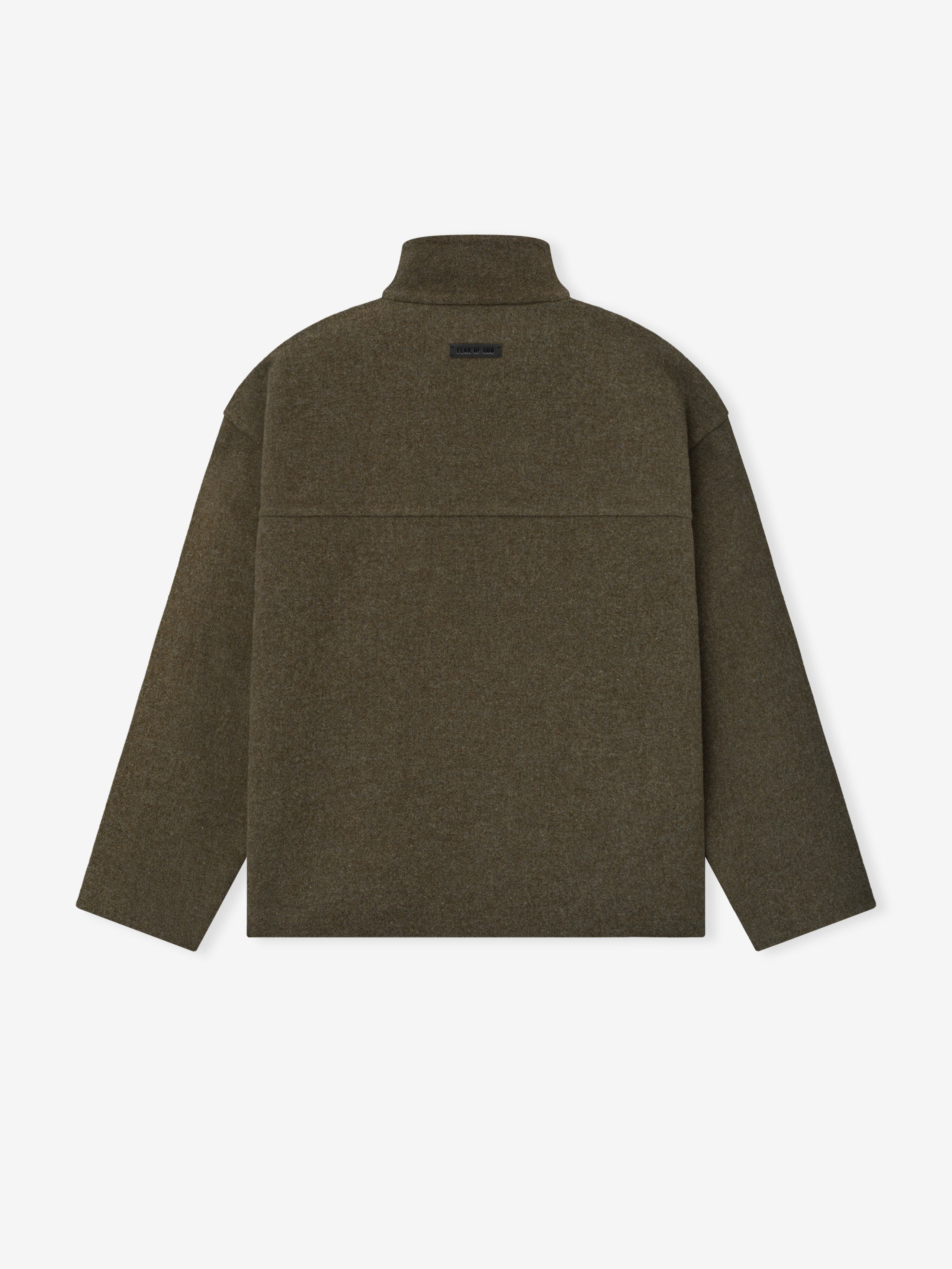 back view of olive green double-face wool-cashmere sport jacket with high collar and minimalist design