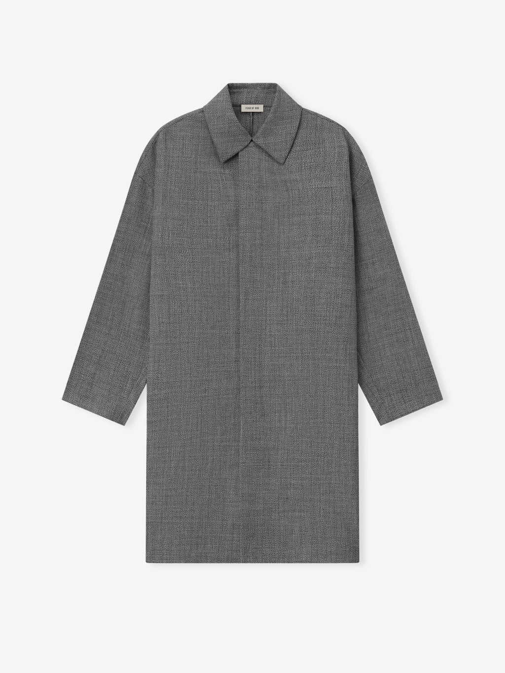 gray mouline virgin wool relaxed fit trench coat with concealed button front and point collar shown flat