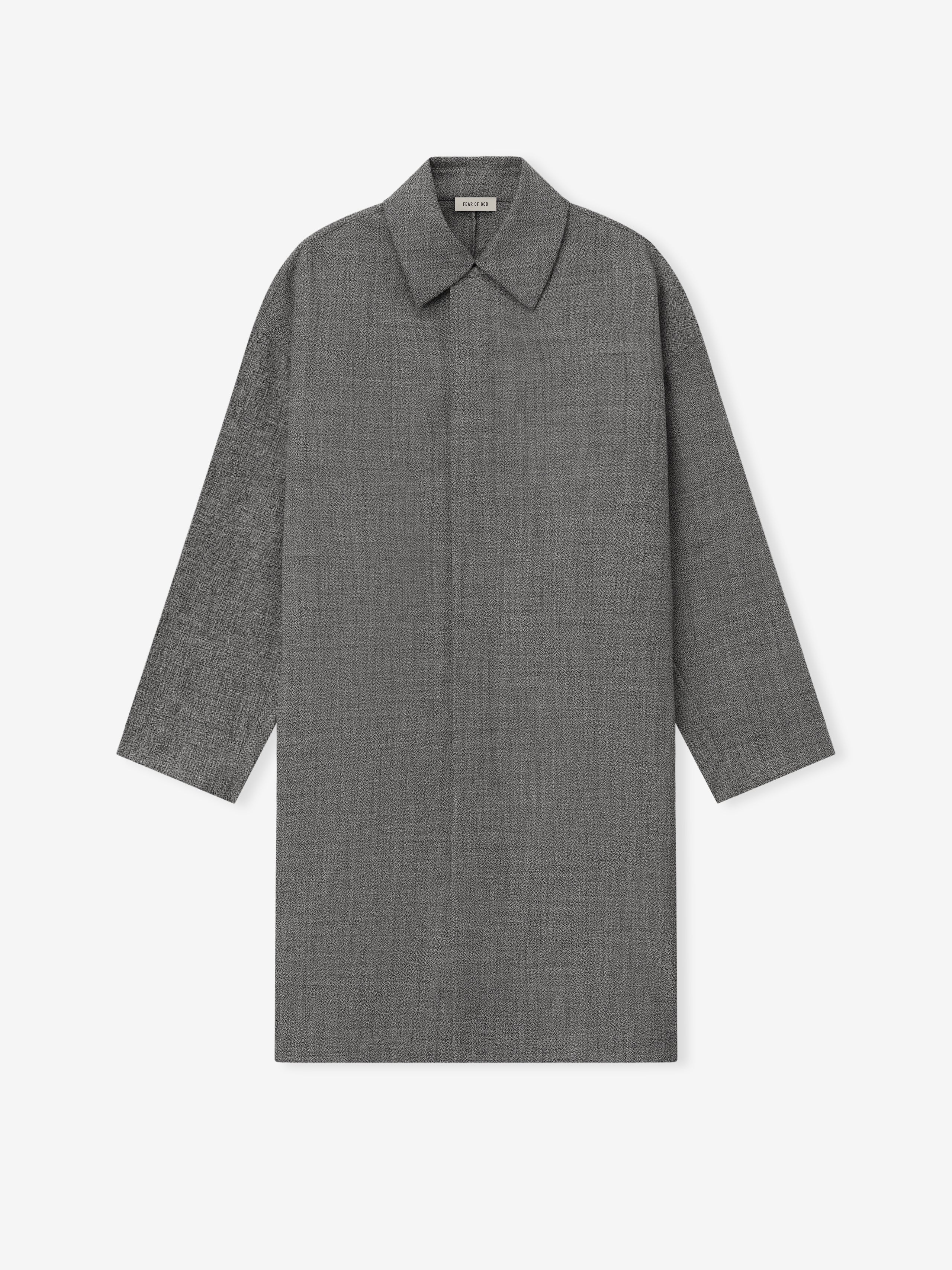 gray mouline virgin wool relaxed fit trench coat with concealed button front and point collar shown flat