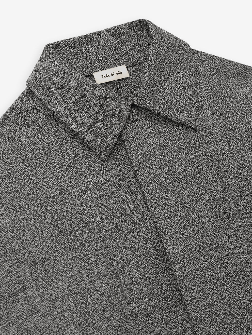 close-up of gray mouline virgin wool trench coat featuring point collar and concealed button placket