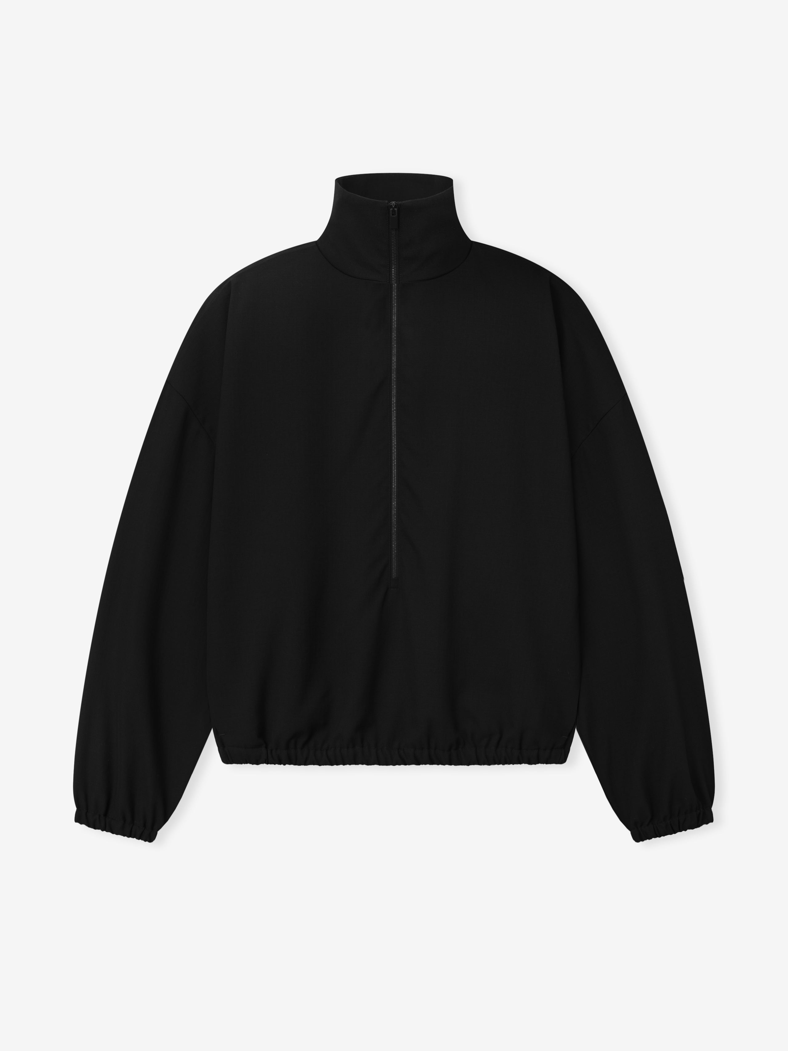 black ripstop virgin wool half zip track jacket with elasticated cuffs and high neck collar shown flat