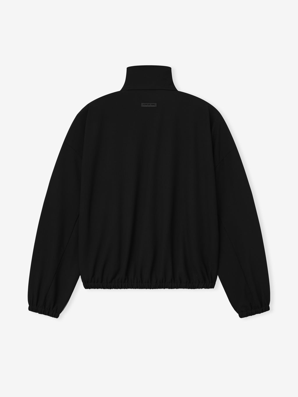 back view of black lightweight ripstop virgin wool half zip track jacket with elasticated cuffs and hem